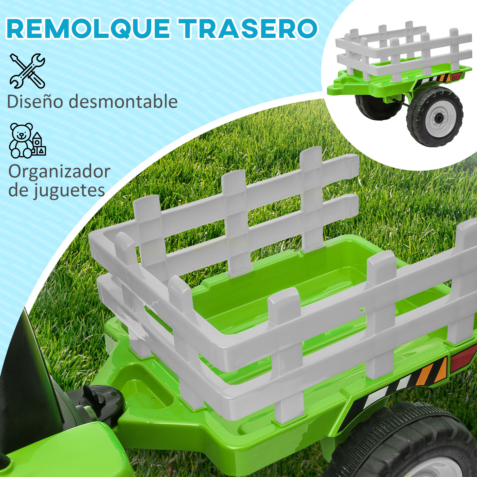 Un remolque de juguete verde con valla blanca y cama verde, sobre un fondo de hierba, con etiquetas de texto.