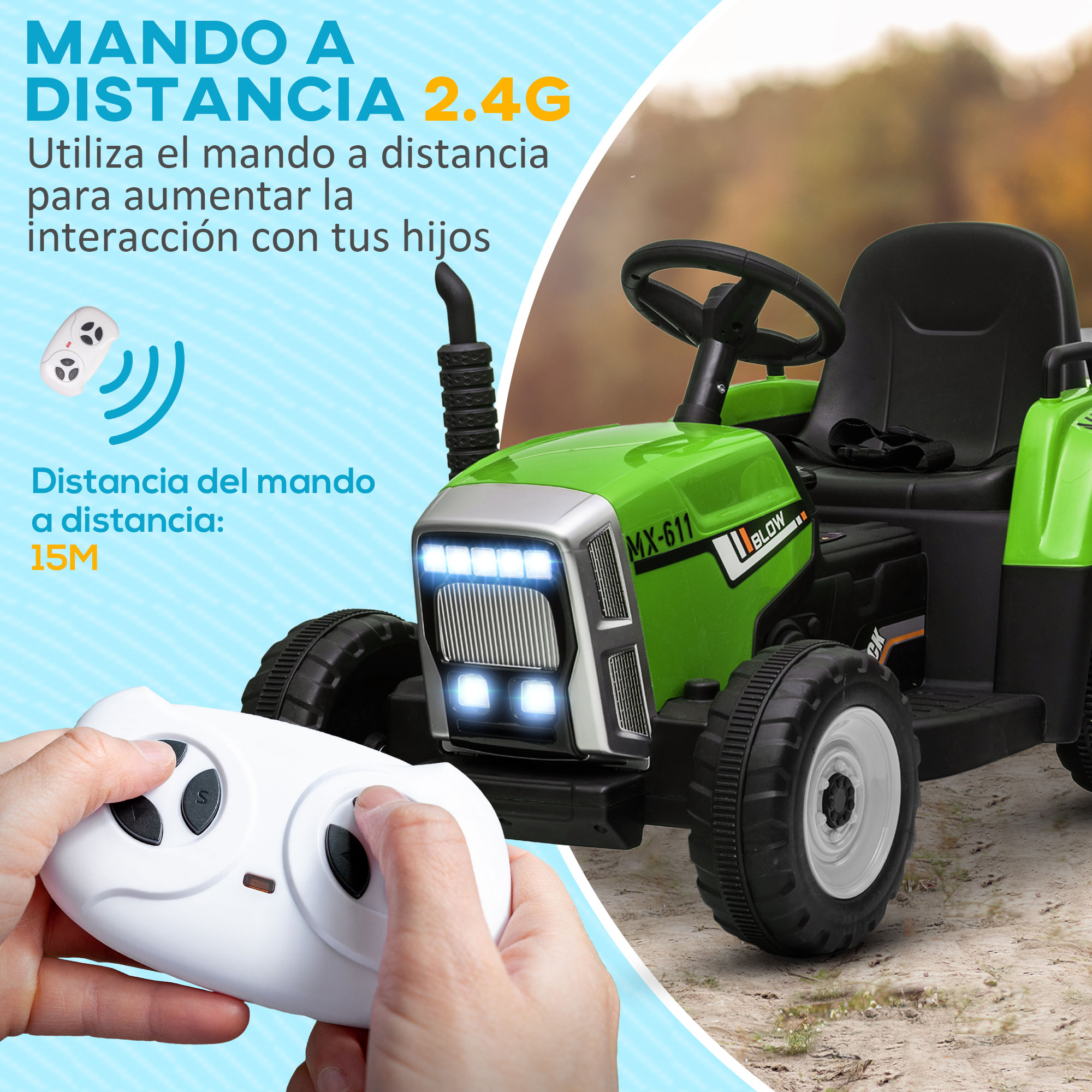 Manos sosteniendo el mando a distancia de un tractor de juguete. Tractor de juguete verde al fondo. Texto en español.
