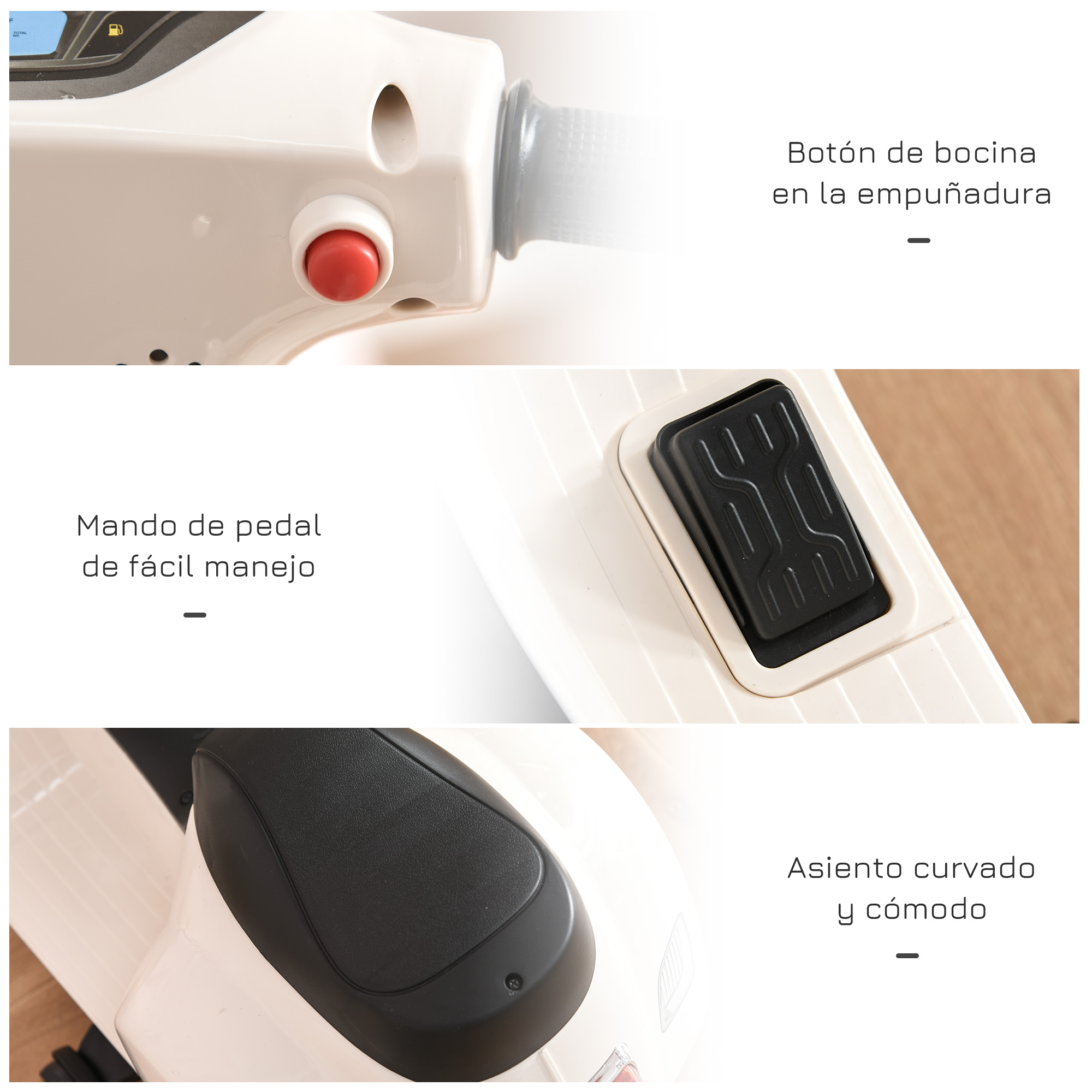 Imágenes de cerca de un juguete blanco para niños con un botón rojo y un pedal.