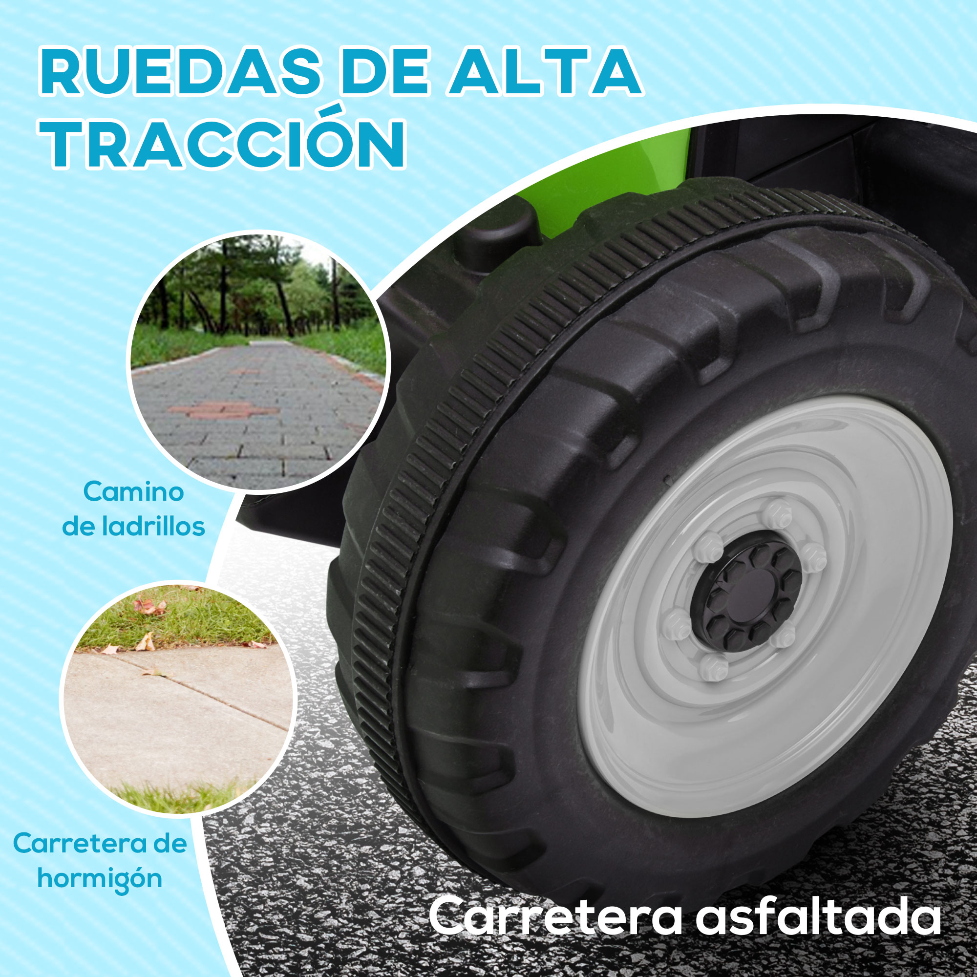 Un neumático de tractor de juguete con una vista de cerca de diferentes terrenos. Ladrillo y asfalto.