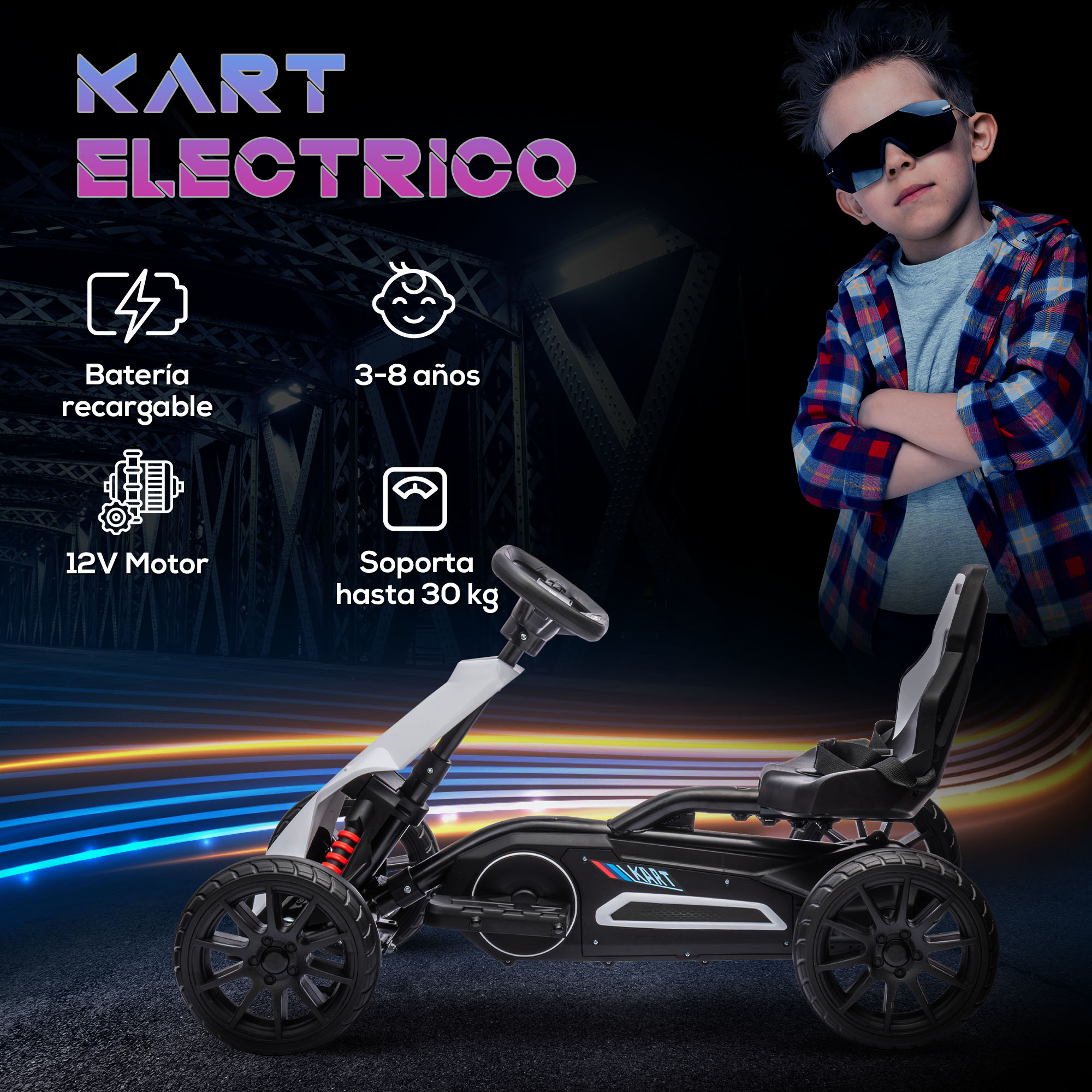 Kart eléctrico para niños. Niño con gafas de sol junto a él.