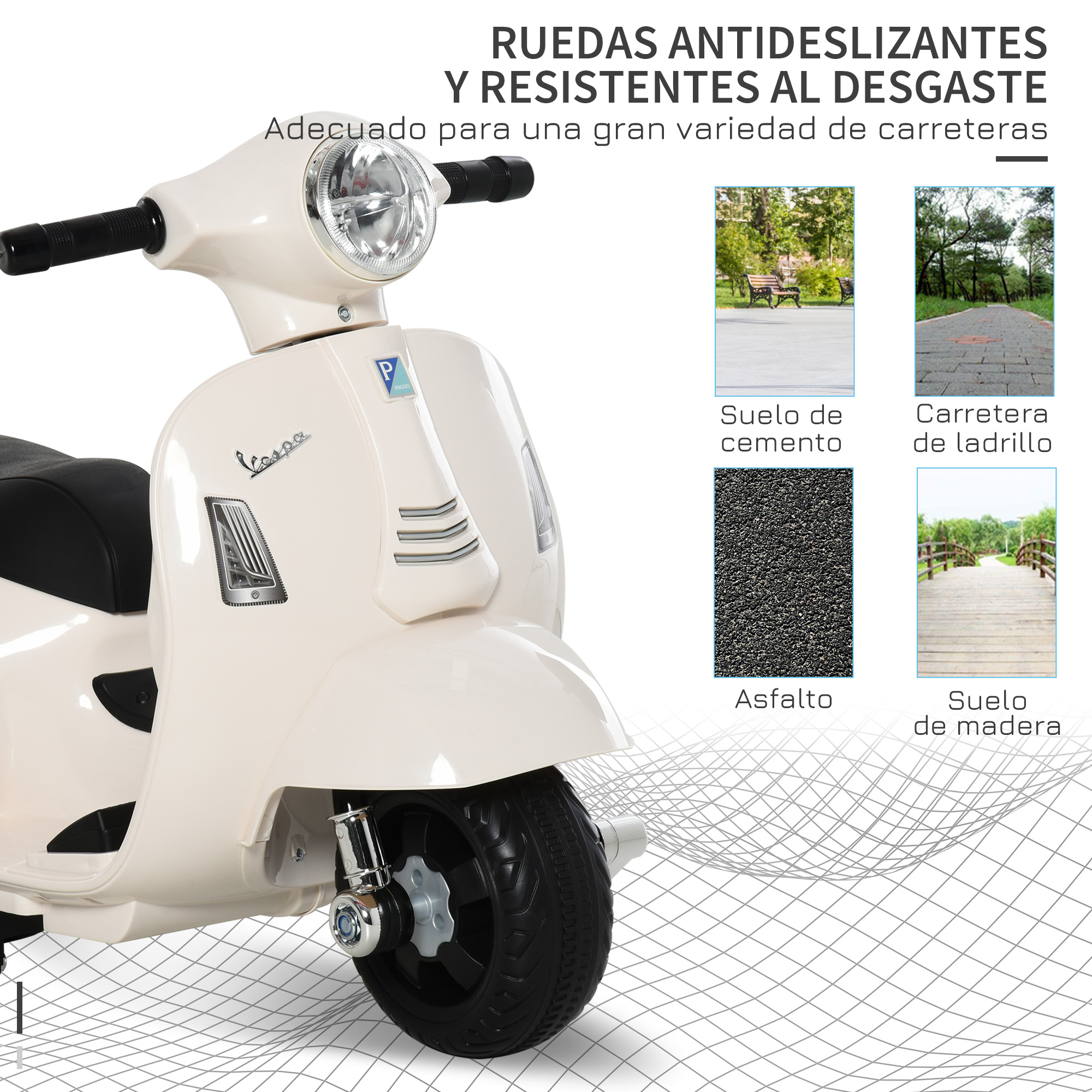 Scooter de juguete blanco con texto sobre ruedas antideslizantes y resistentes al desgaste, y idoneidad vial.