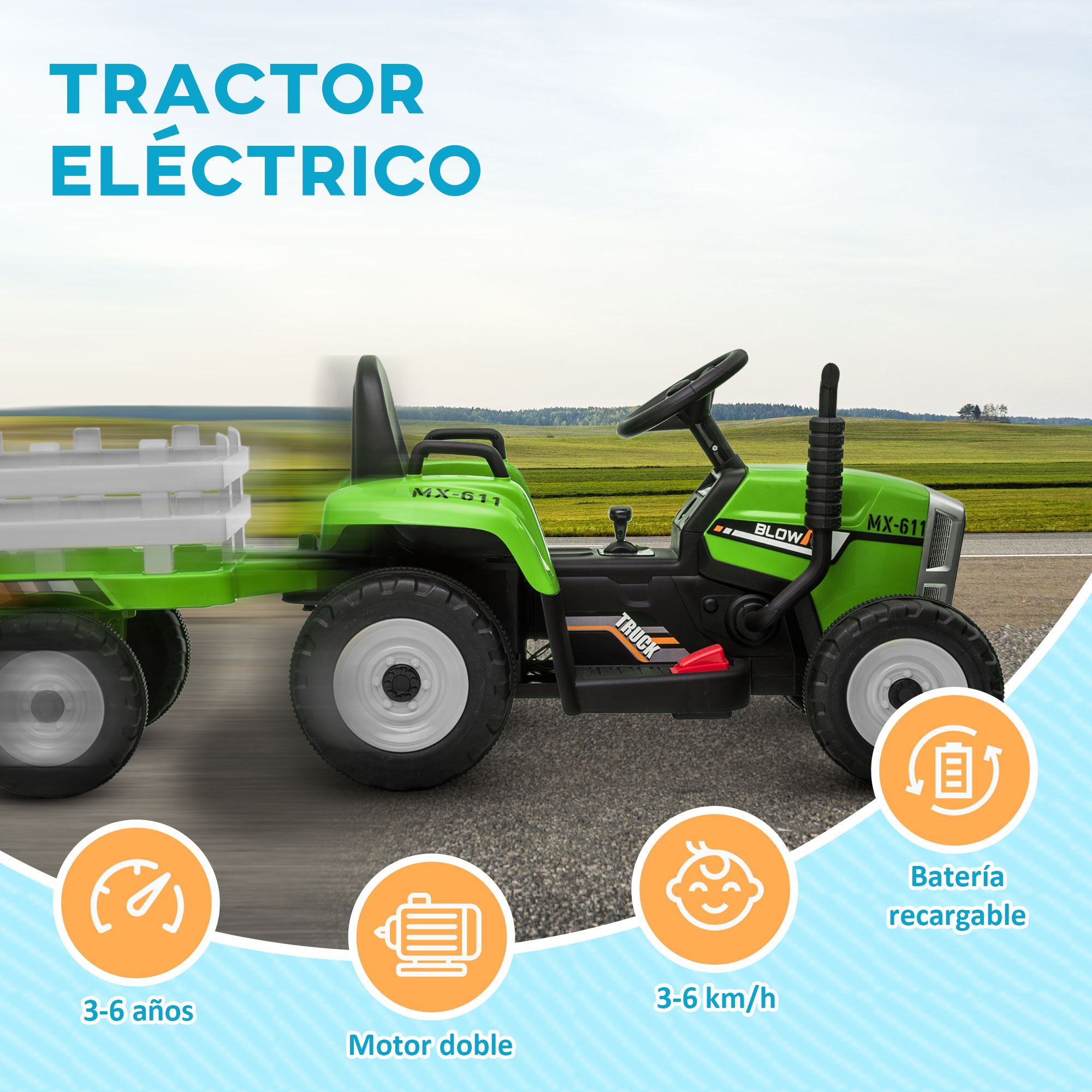 Tractor de juguete verde con remolque, con características escritas en él, en un campo verde.