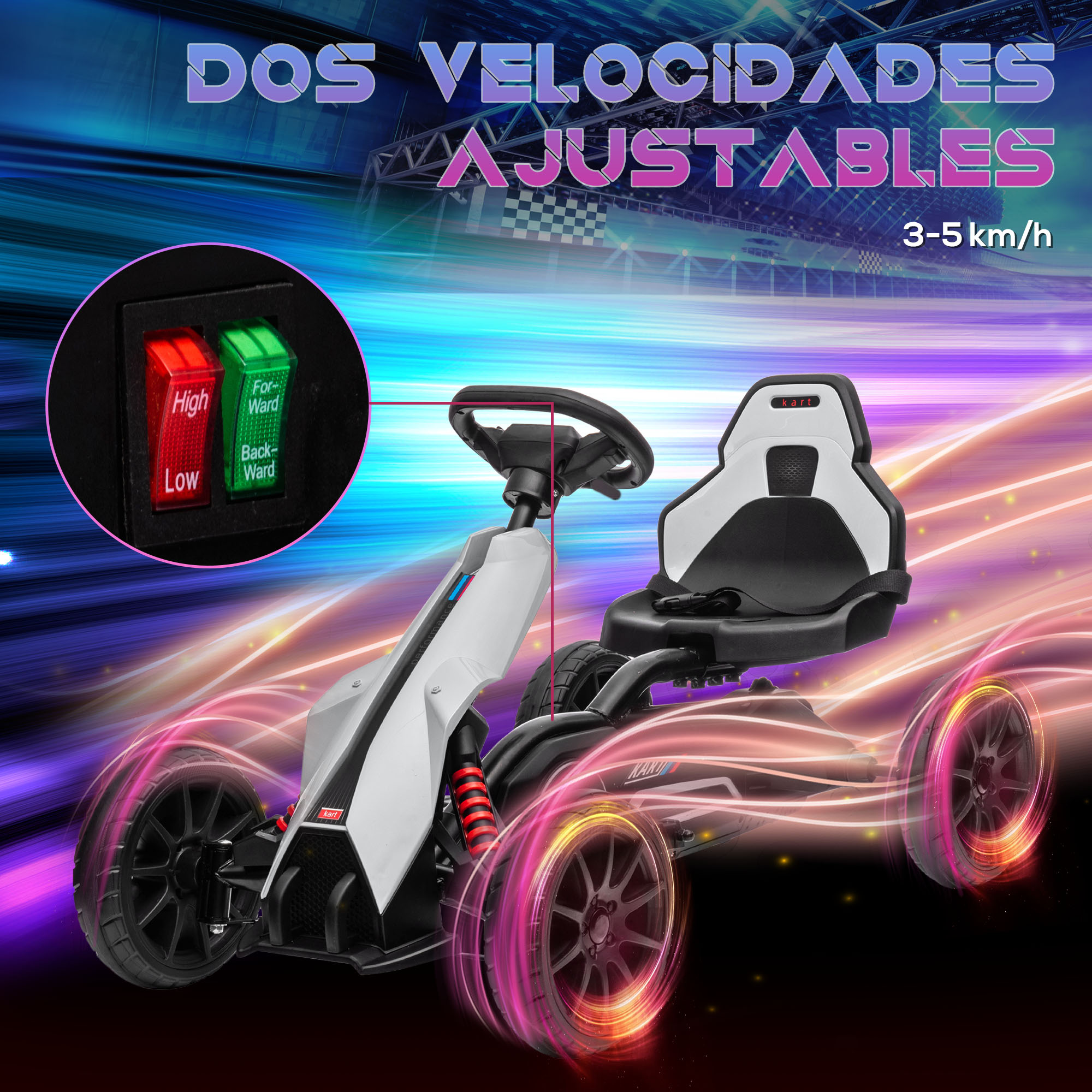Coche de juguete con carrocería blanca y negra. Cuenta con controles de velocidad ajustables y un volante.