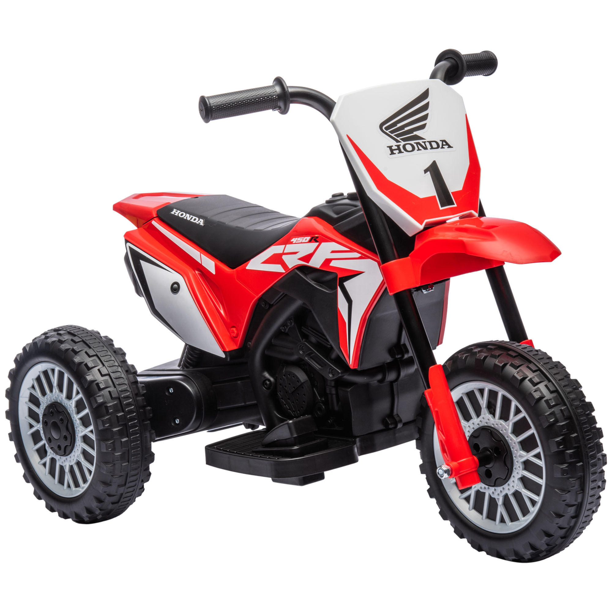 Triciclo elettrico Honda CRF rosso e bianco per bambini. Ha tre ruote e il numero 1 davanti.