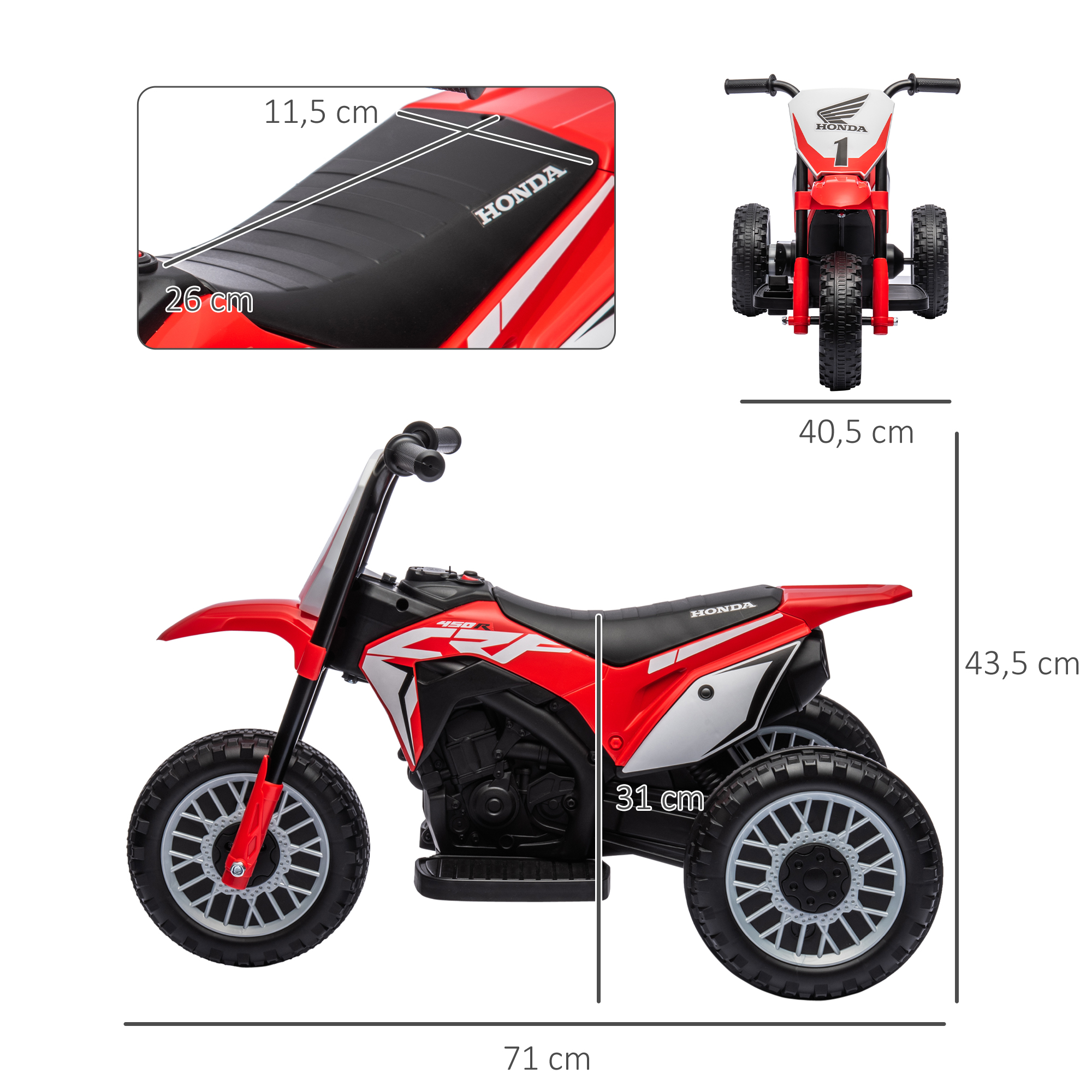 Motocicleta Honda para niños roja y blanca con dimensiones. Muestra el asiento, manillar y ruedas delanteras y traseras.
