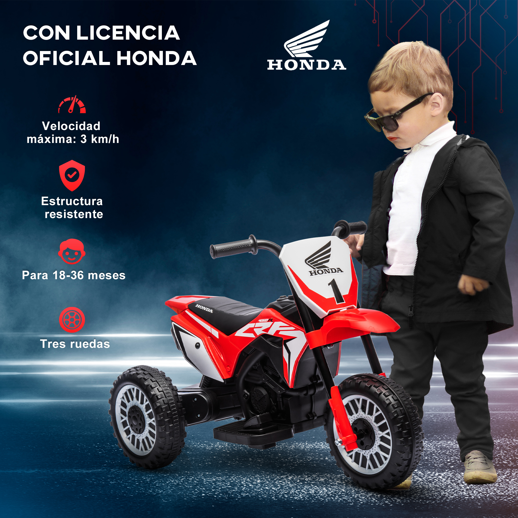 Un niño pequeño con gafas de sol está junto a un triciclo Honda rojo y blanco con un niño.