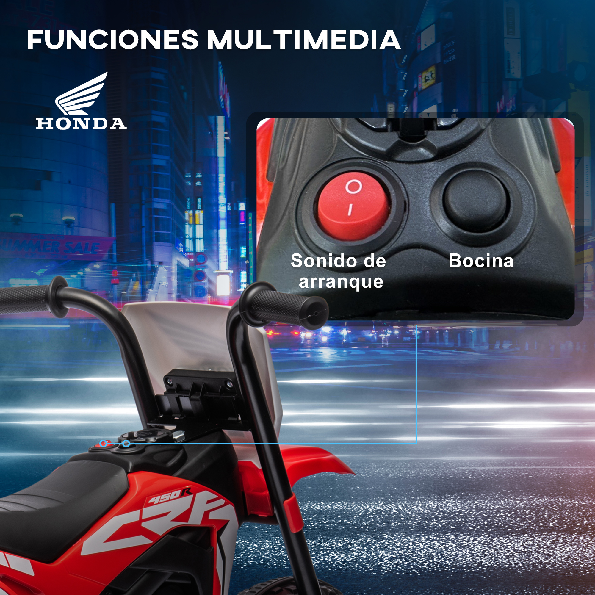Primer plano del panel de control de una moto de juguete roja y negra. Botón rojo y negro.