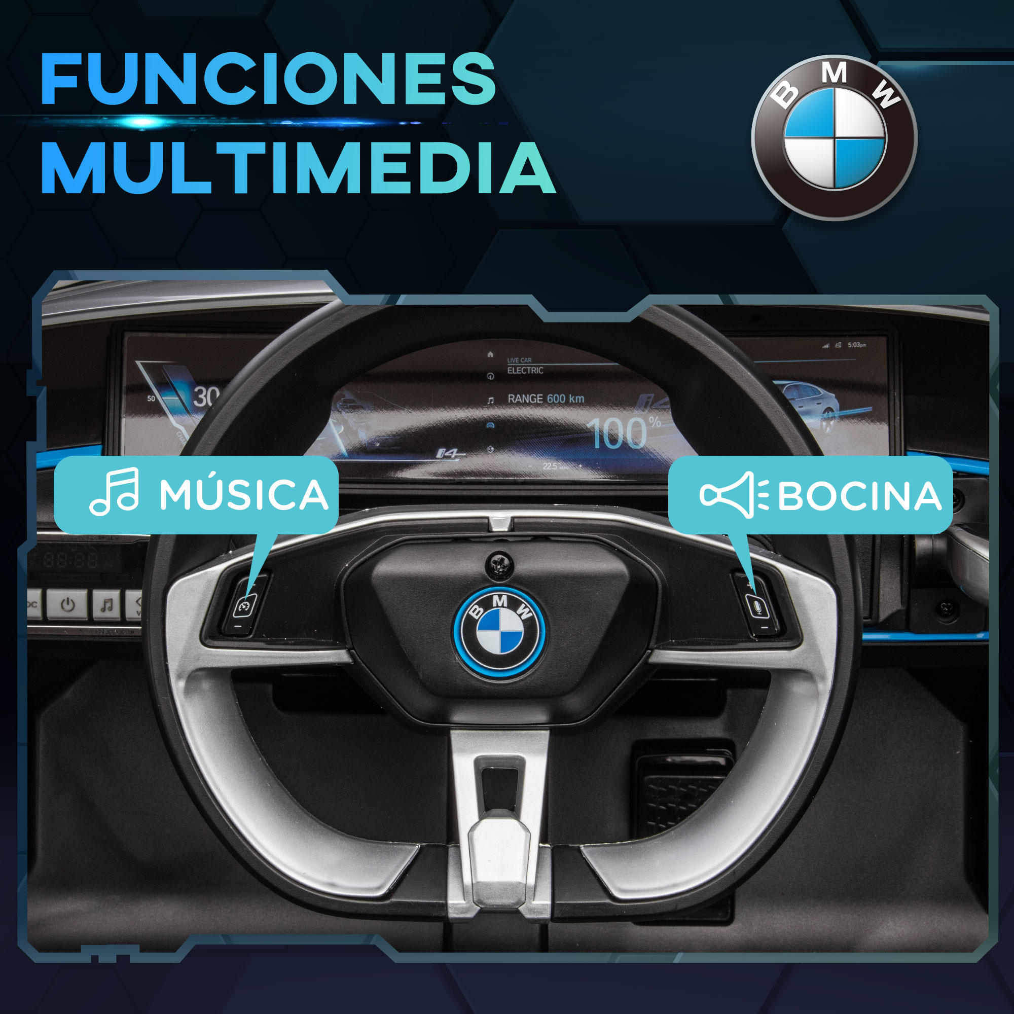 Se muestra el volante de un coche con funciones multimedia. Las funciones incluyen iconos de música y altavoz.