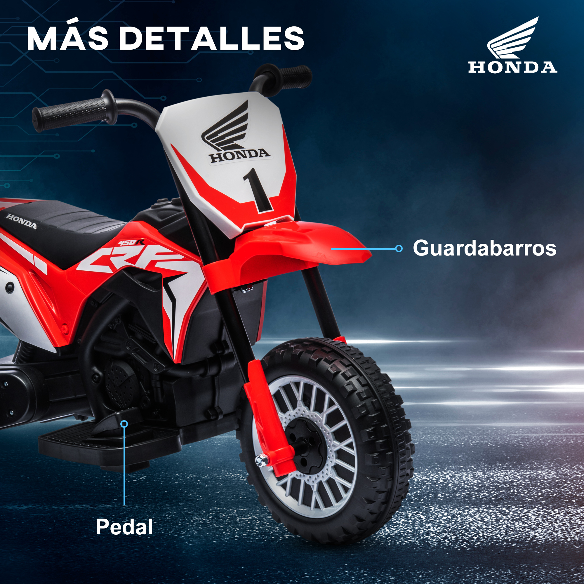 Motocicleta de juguete roja y blanca con partes etiquetadas: pedal y guardabarros. Logo Honda.