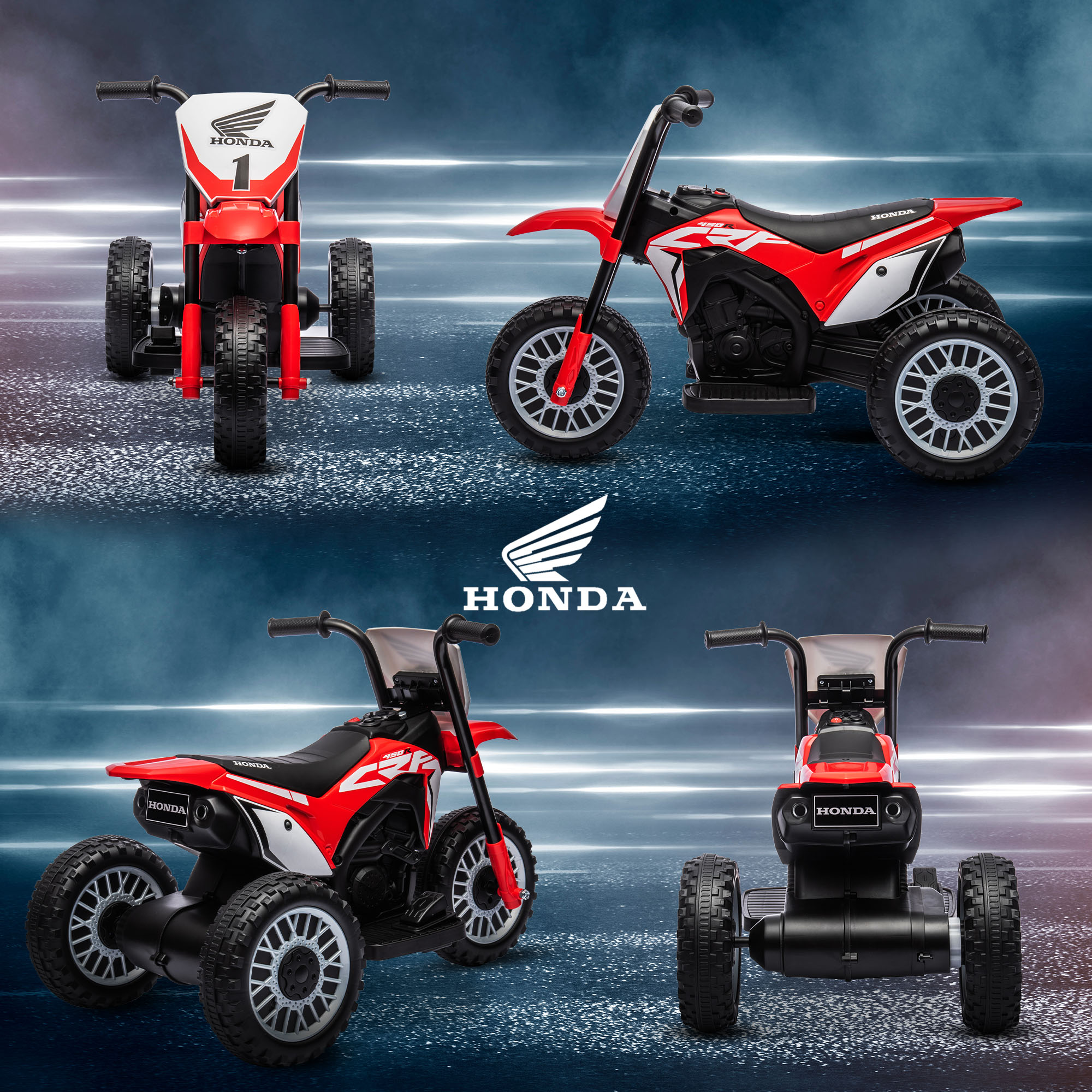 Cuatro imágenes de una motocicleta de juguete desde diferentes ángulos. Cada motocicleta es roja y blanca. Logotipo de Honda.