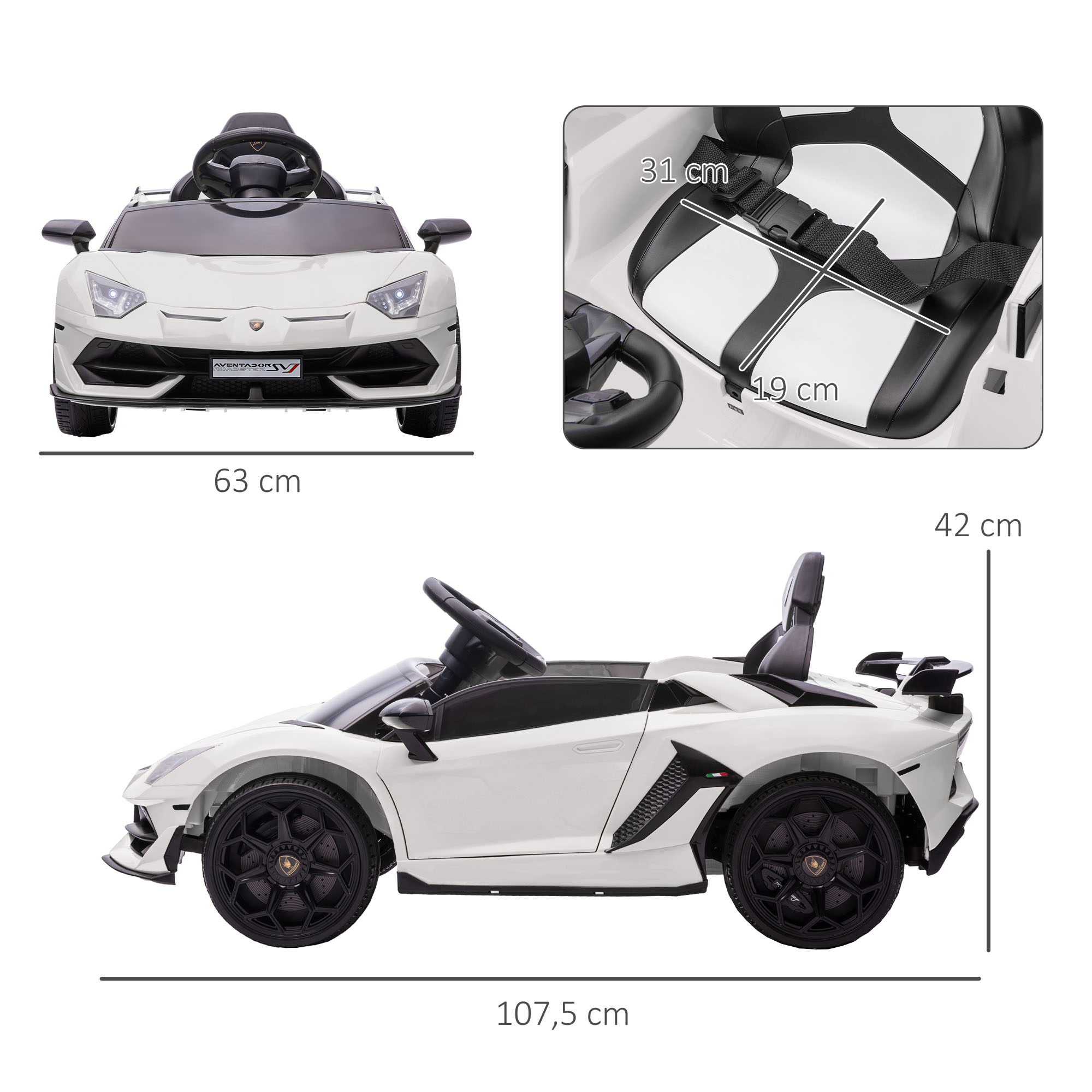 Coche de juguete Lamborghini blanco con medidas y ruedas negras, vistas lateral y frontal.