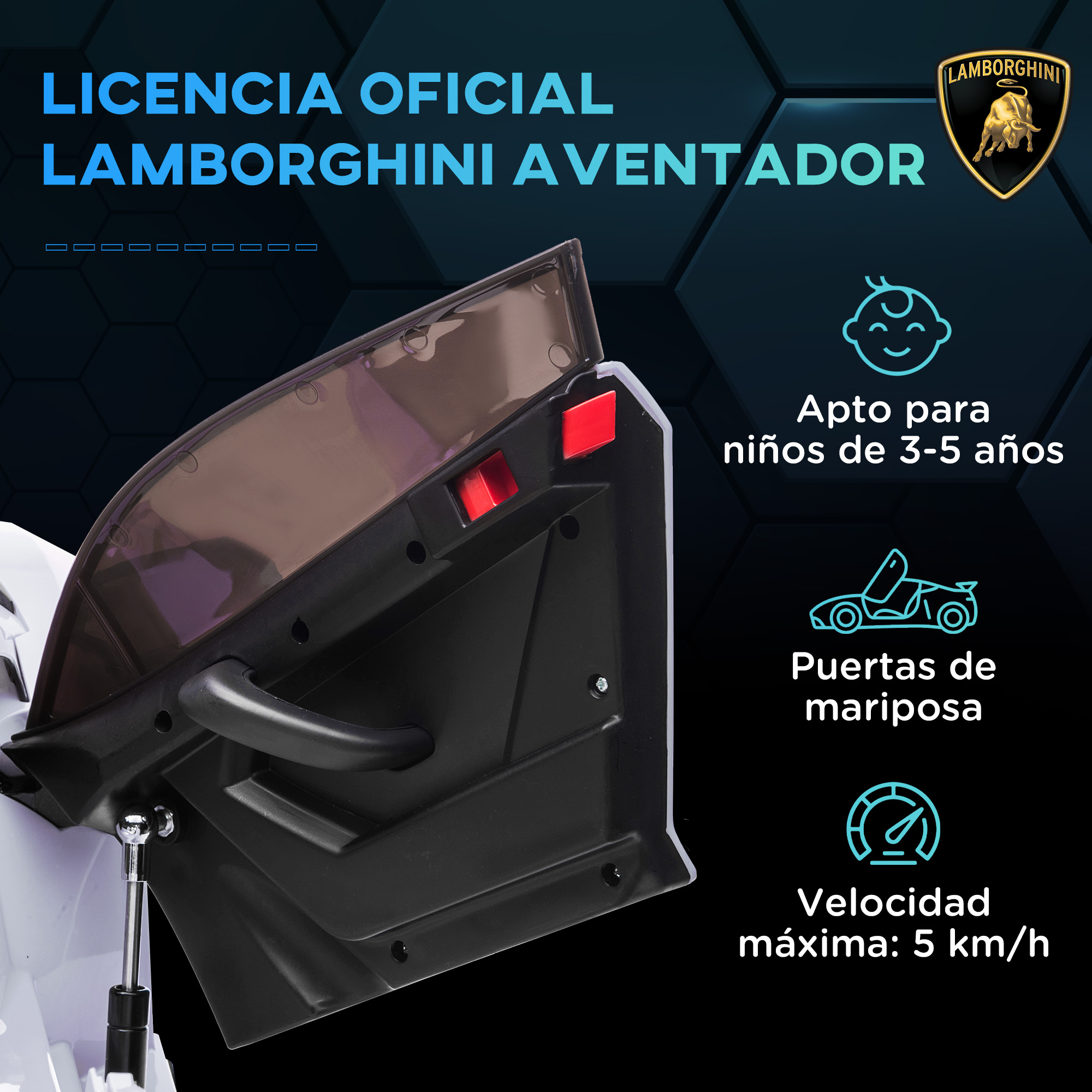 Coche de juguete Lamborghini Aventador. Puerta abierta muestra interior, texto y logo.