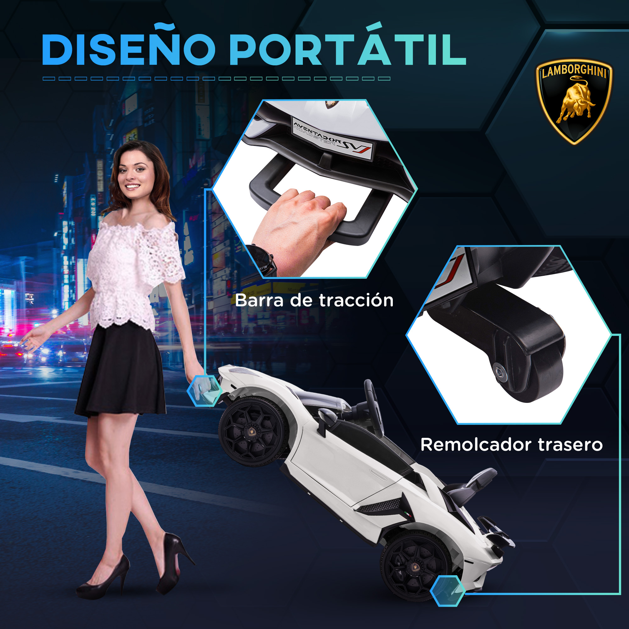 Una mujer camina junto a un coche de juguete Lamborghini, con detalles de diseño destacados.