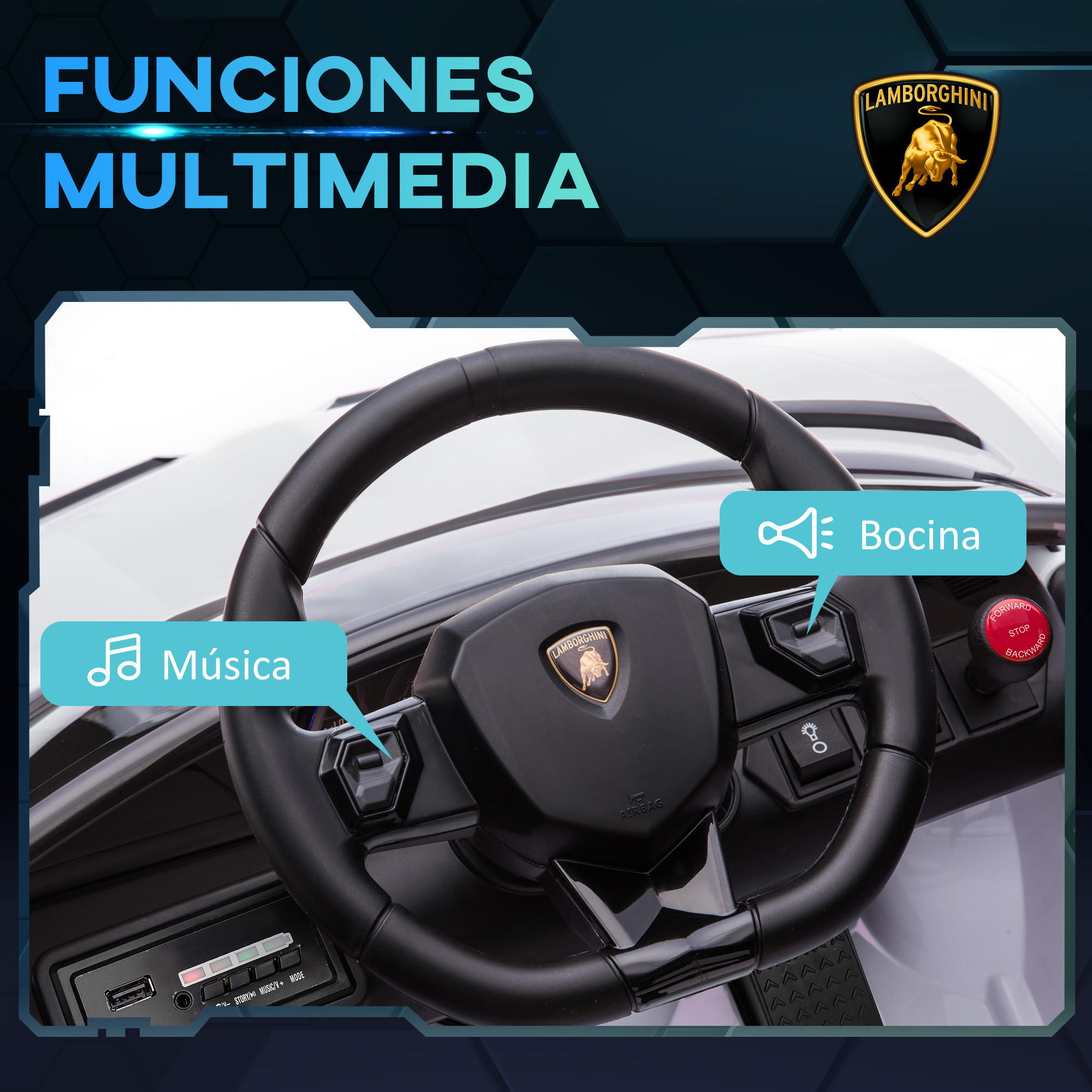 Primer plano del salpicadero de un coche. El salpicadero muestra el volante y la música.