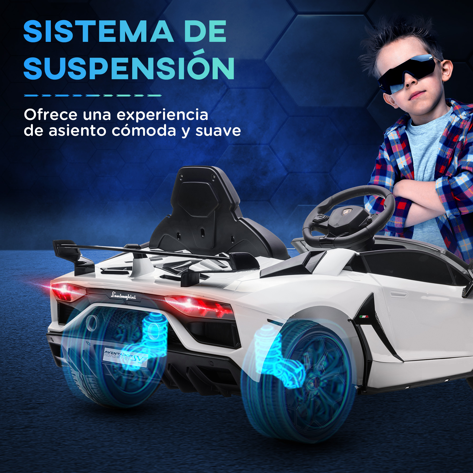 Coche de juguete blanco con efecto de suspensión azul. Niño con gafas de sol. Texto: 'Sistema de suspensión', y logo Lamborghini.