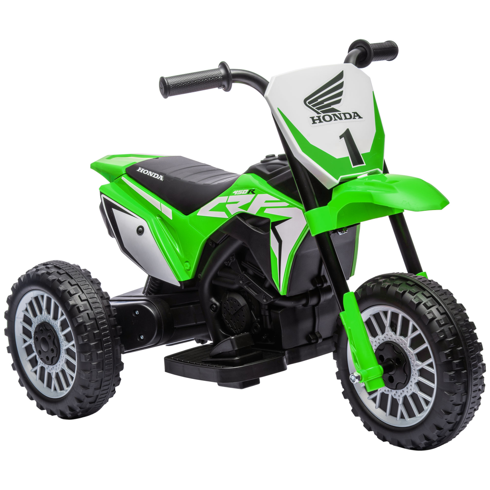Motocicletta trike Honda CRF verde, targa numero 1 bianca, su sfondo bianco.