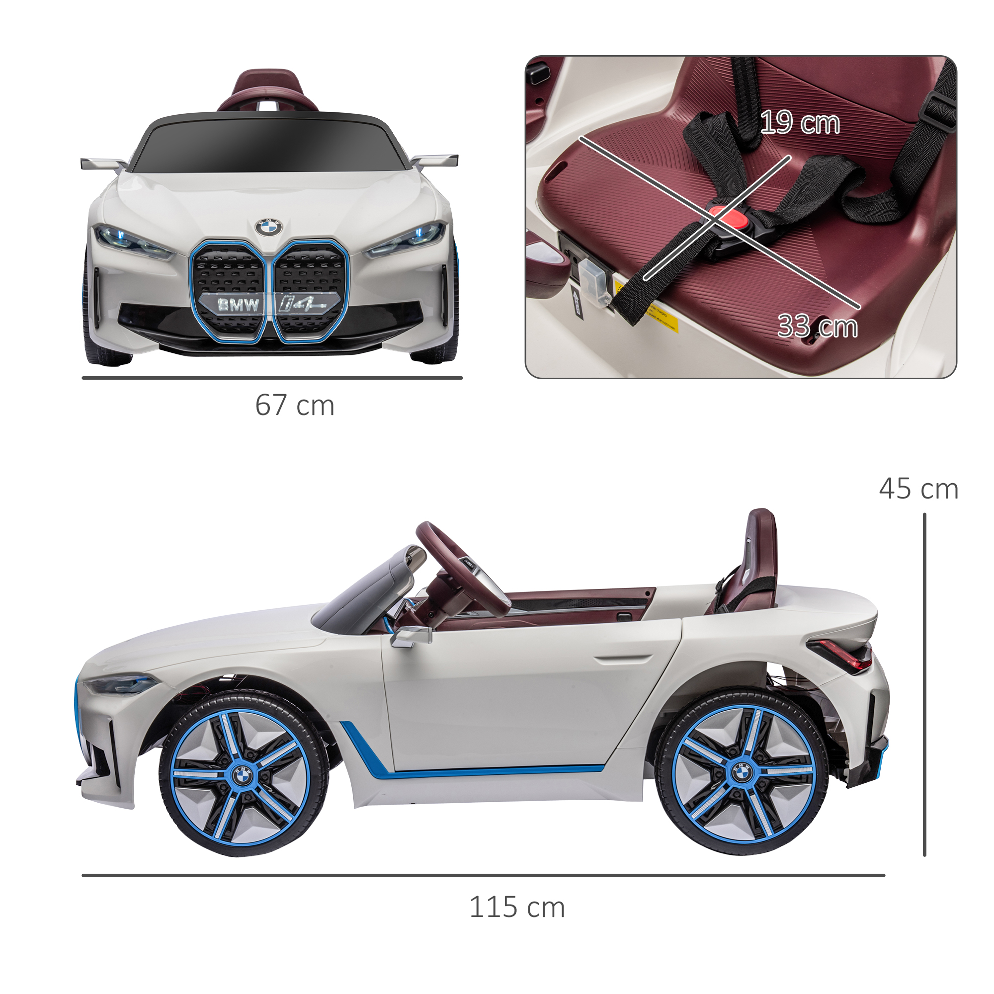 Auto giocattolo BMW i4 cabrio bianca con dimensioni e dettaglio sedile.