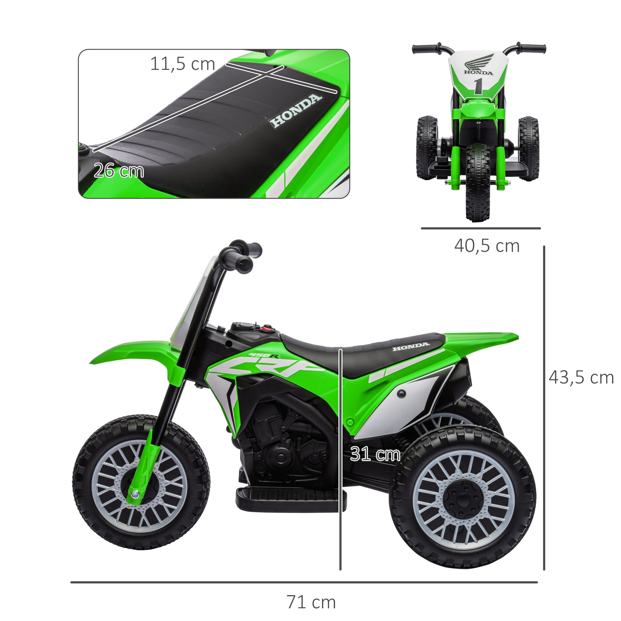 Motocicleta Honda verde para niños, con dimensiones. Vistas lateral, superior y frontal.