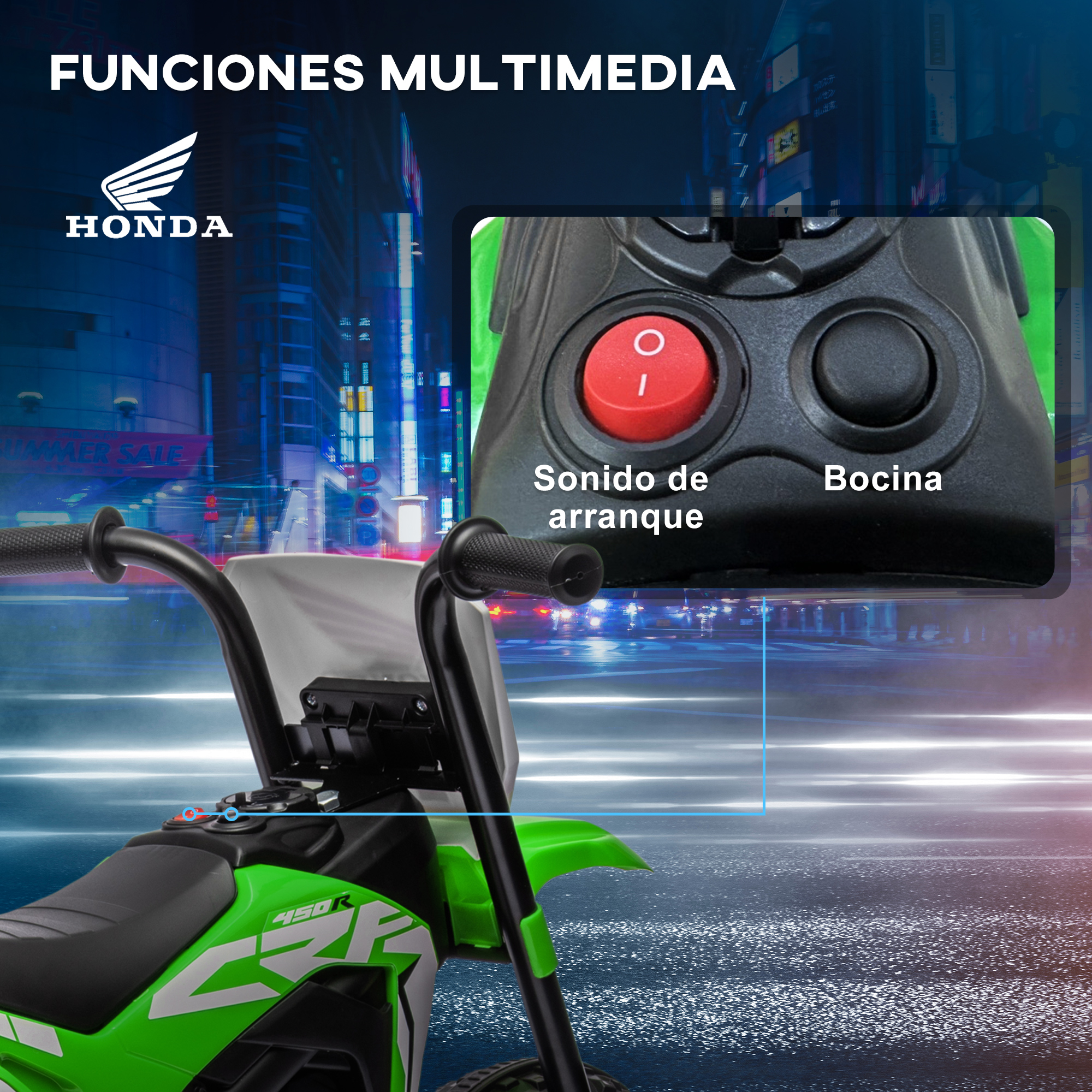 Motocicleta de juguete verde con botón rojo y botón de bocina, y un logotipo de Honda.