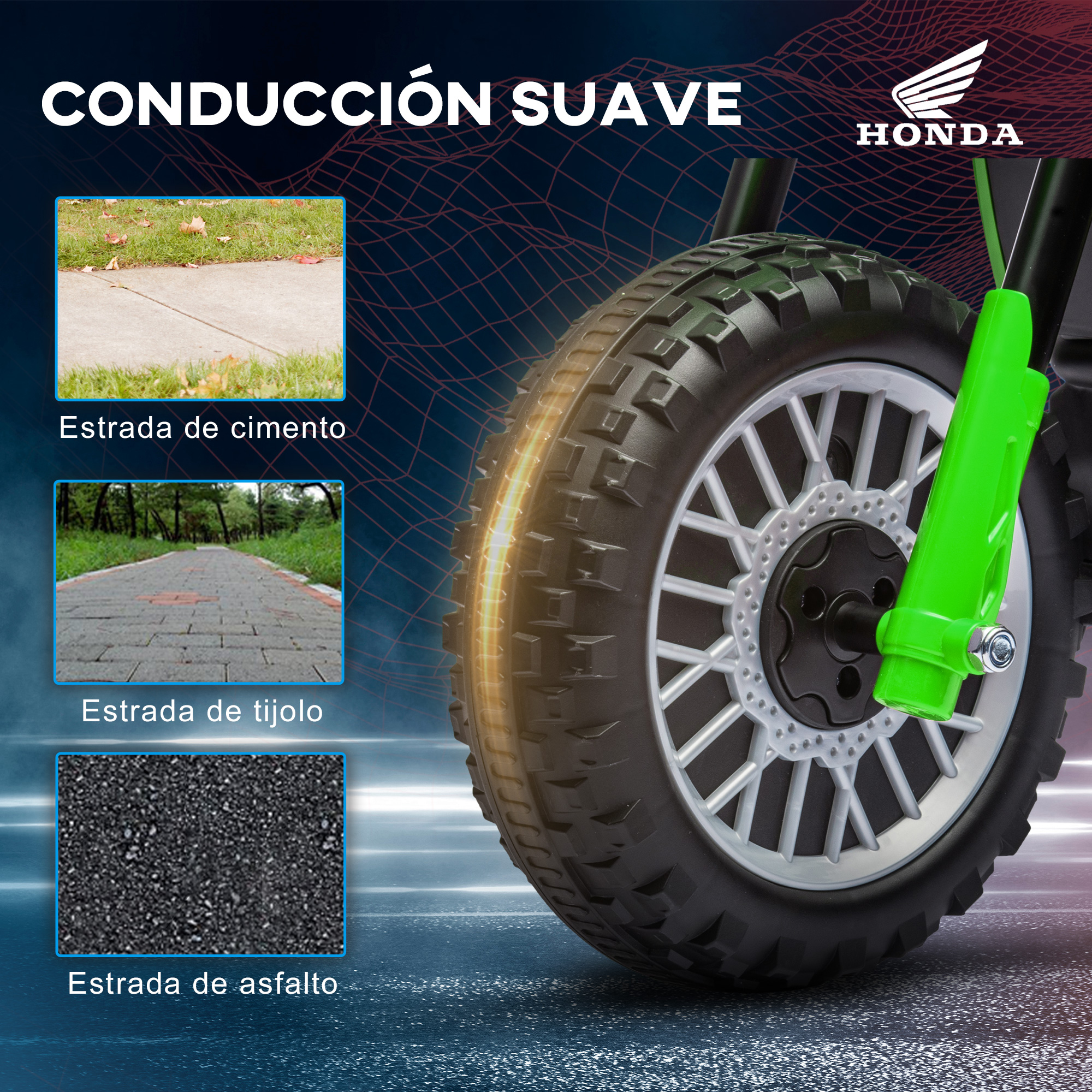 Primer plano de un neumático negro en un ATV de juguete, con imágenes de diferentes superficies de carretera.