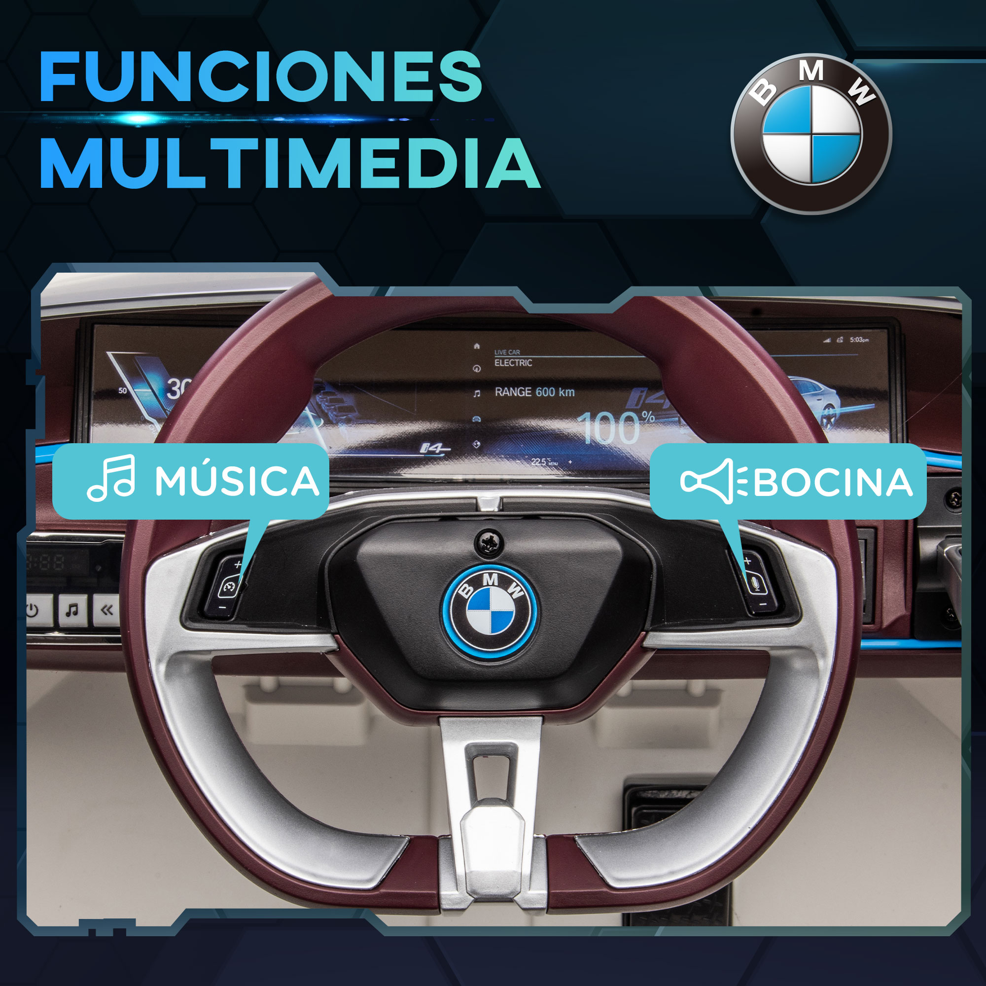 Imagen del volante de un coche con el texto 'Funciones Multimedia' e iconos.