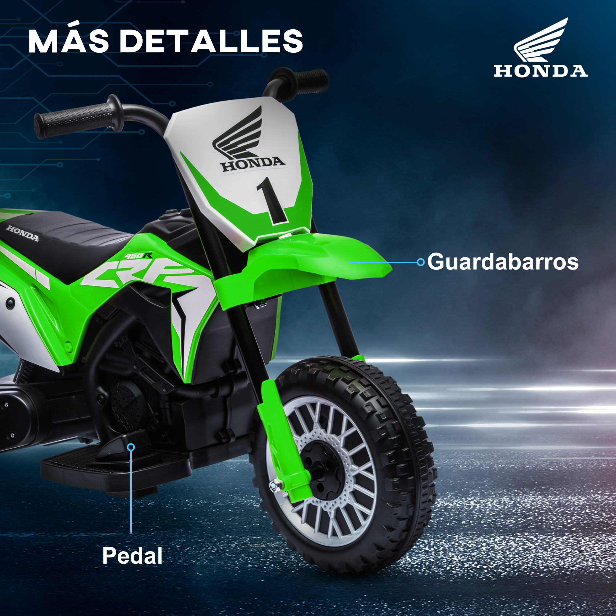 Moto de juguete verde y blanca con el logo de Honda y piezas etiquetadas.