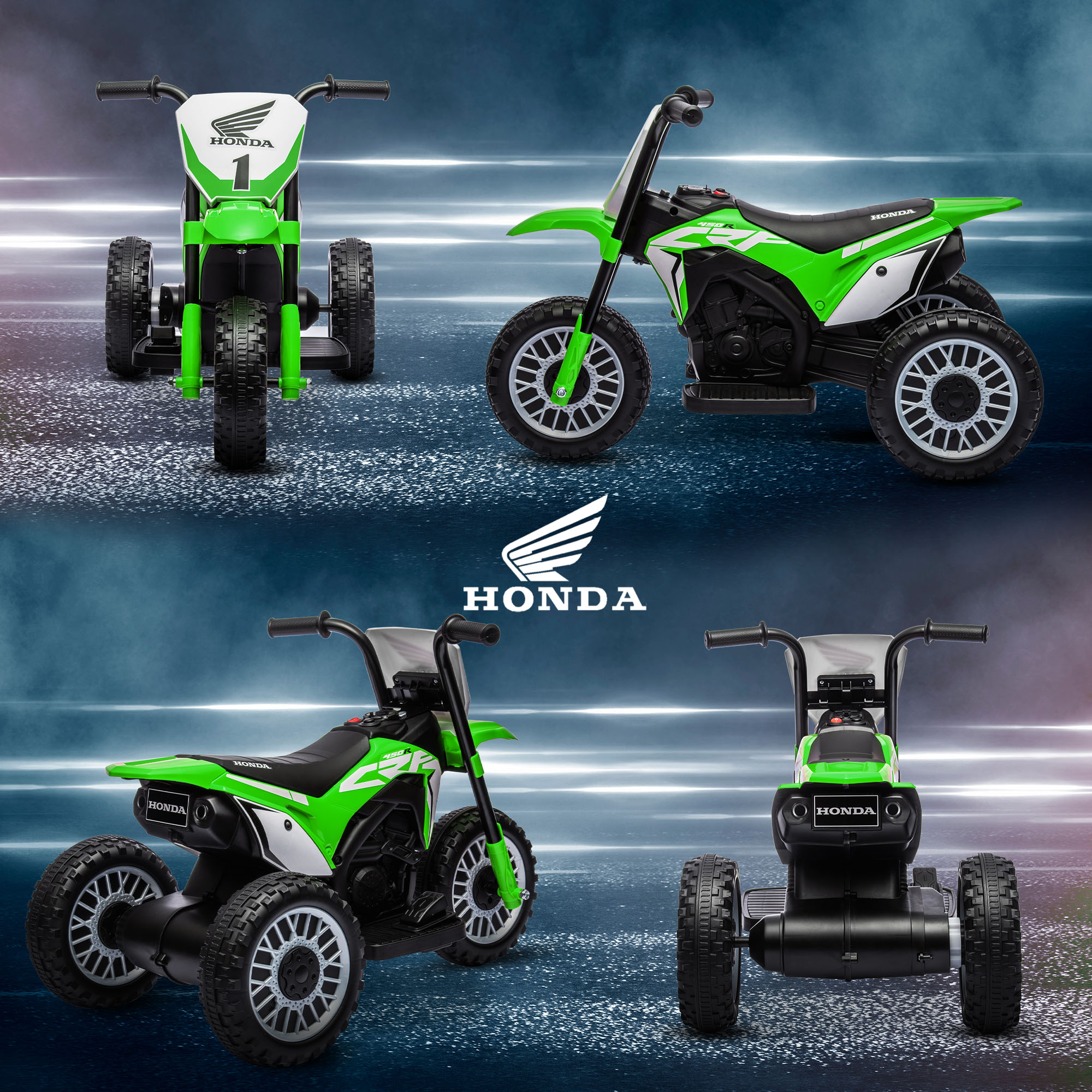 Cuatro vistas de una motocicleta Honda de juguete verde y blanca. El logotipo de Honda es visible.