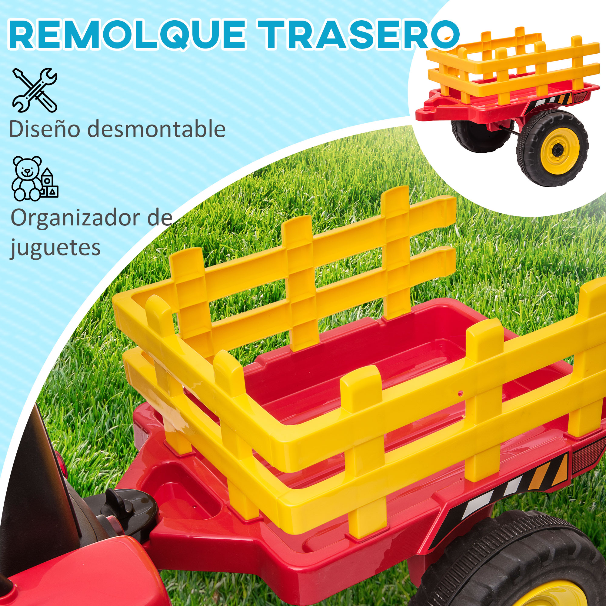 Remolque de juguete rojo y amarillo con texto sobre organizador de juguetes y diseño desmontable.