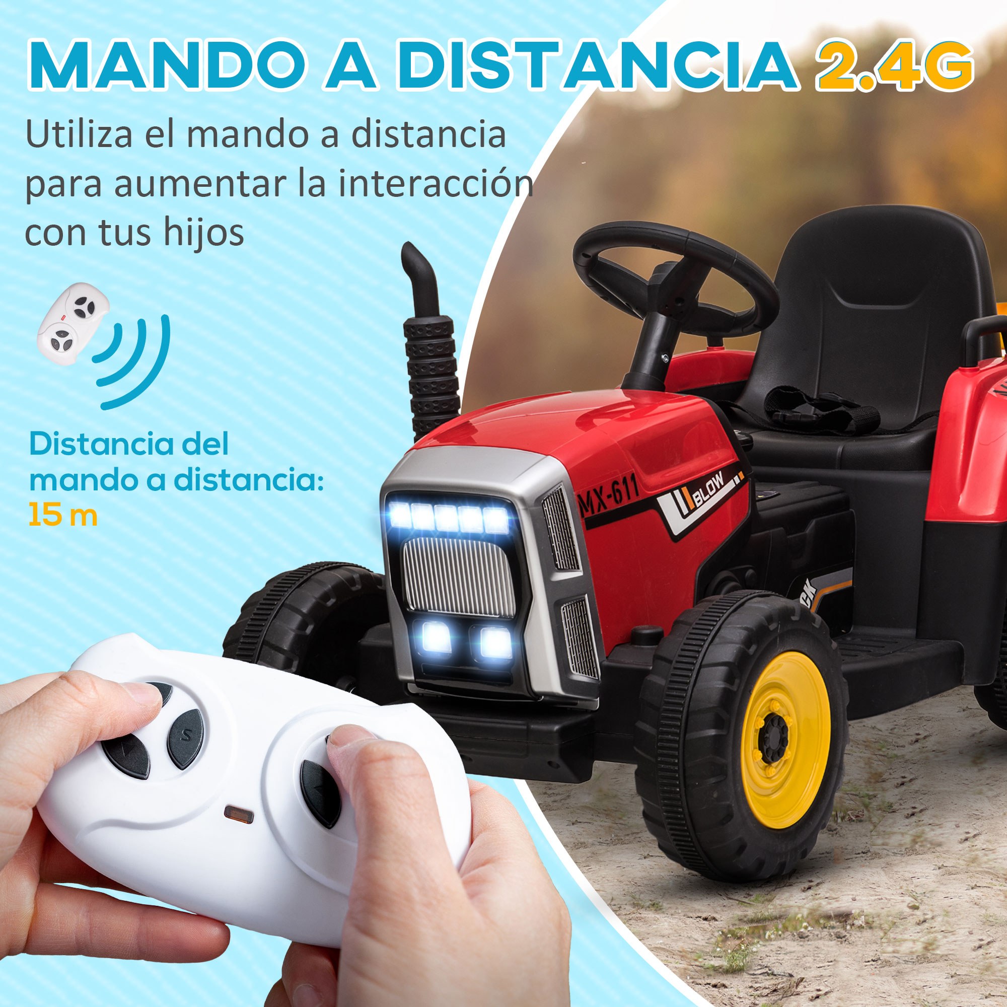 Un juguete de tractor rojo y negro con un control remoto blanco delante. El fondo es azul.
