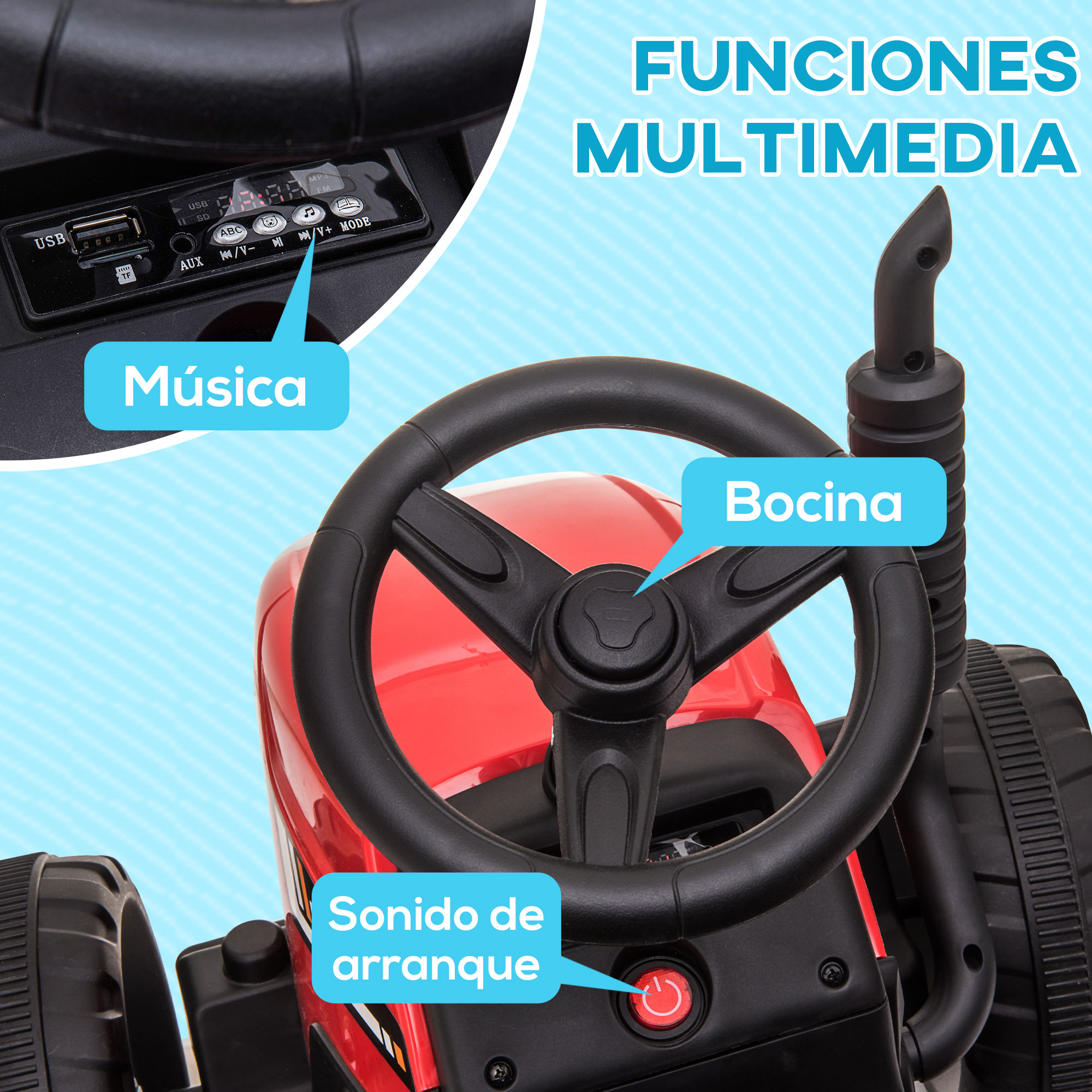 Interior de tractor de juguete rojo con funciones multimedia, volante y botón de sonido de inicio.