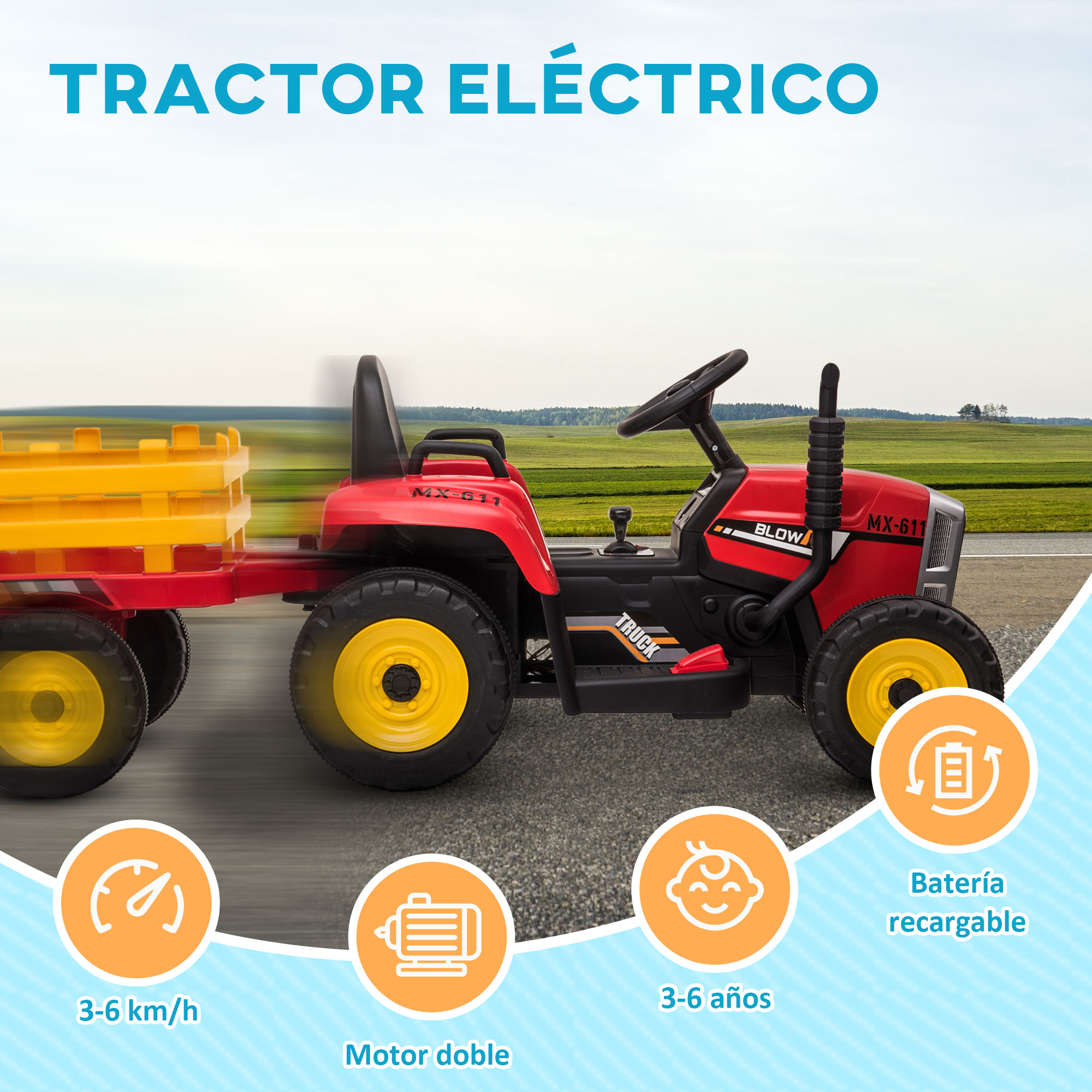 Un tractor de juguete rojo con remolque amarillo. Texto en español en la parte superior.