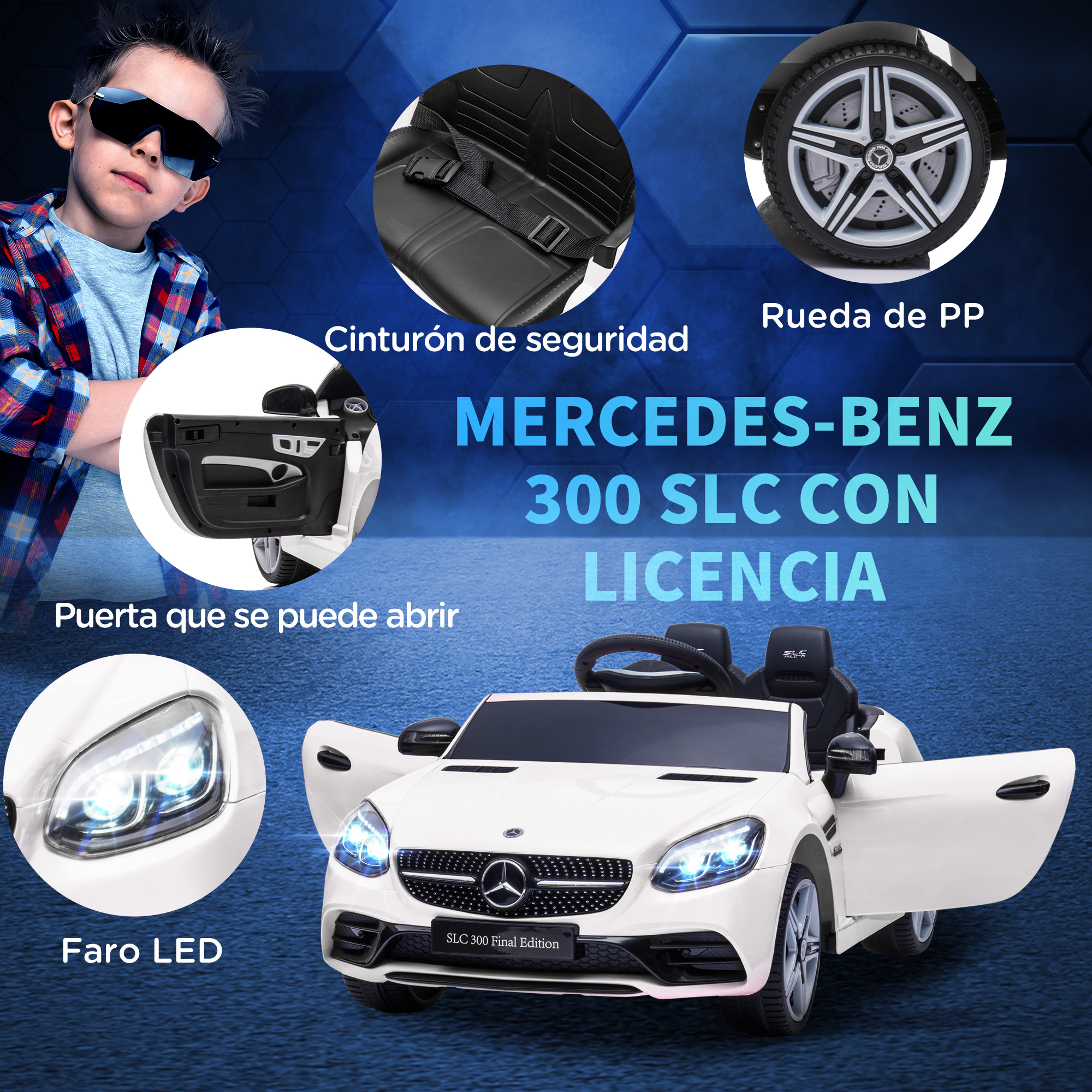 Coche de juguete Mercedes-Benz blanco con puertas abiertas y primeros planos de detalles. Un niño lleva gafas de sol.