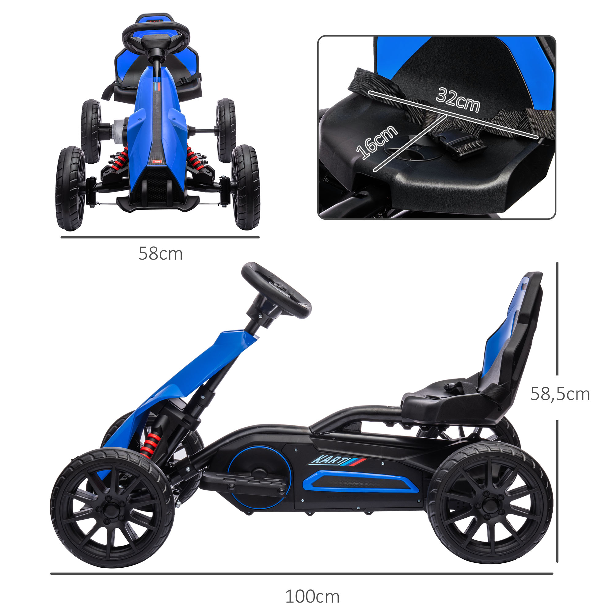 Go-kart de juguete negro y azul con etiquetas de dimensiones. El go-kart está sobre un fondo blanco.