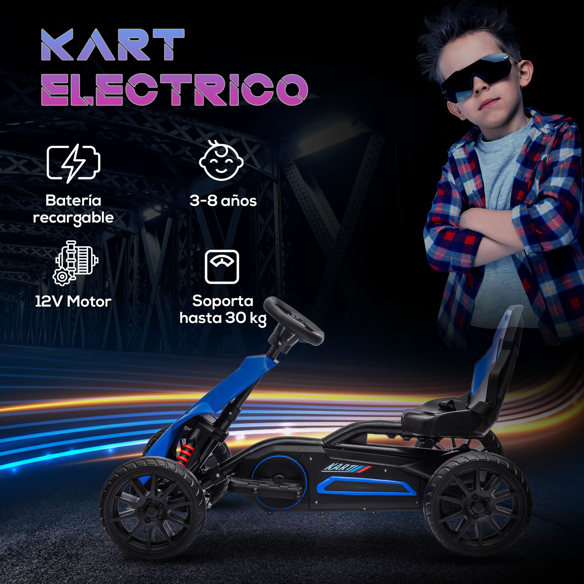 Kart eléctrico. Niño con gafas de sol. Texto: batería recargable, motor 12V, 3-8 años, hasta 30 kg.