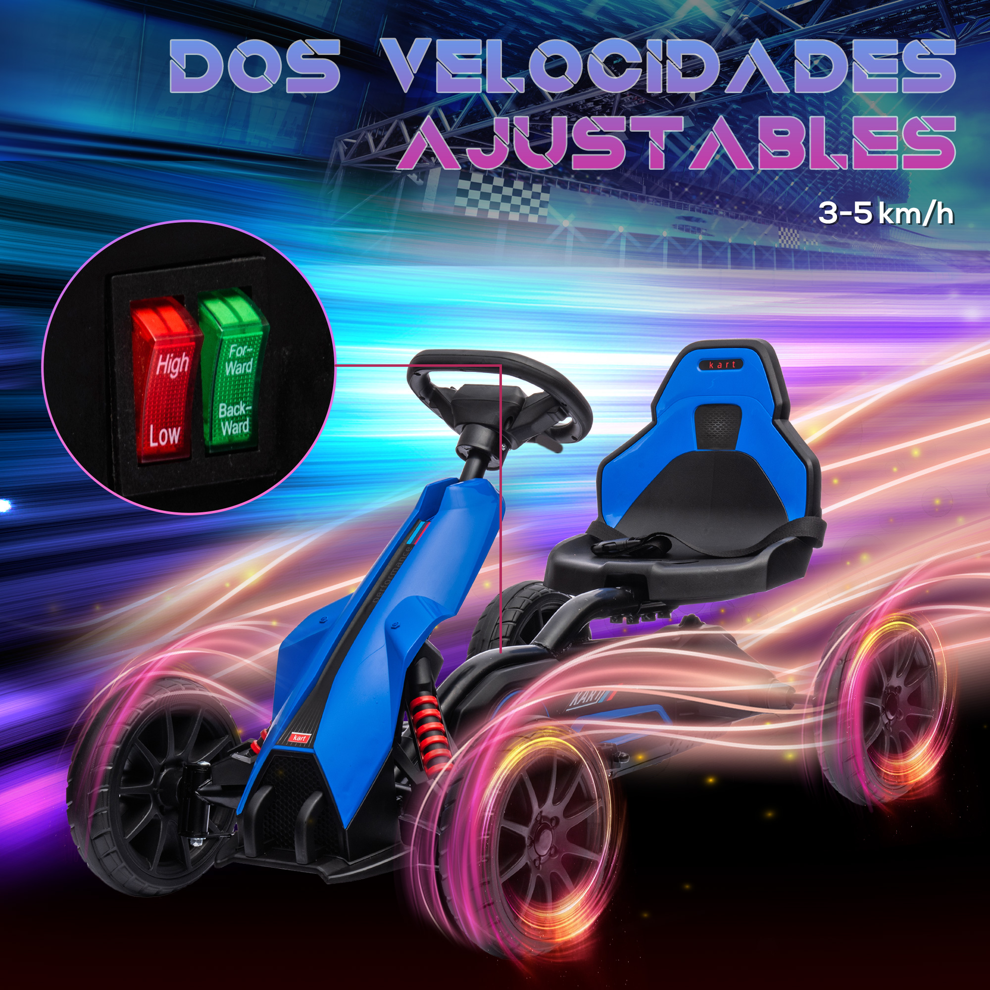 Un kart azul con velocidades ajustables y dos interruptores verde/rojo, con efectos de neón.