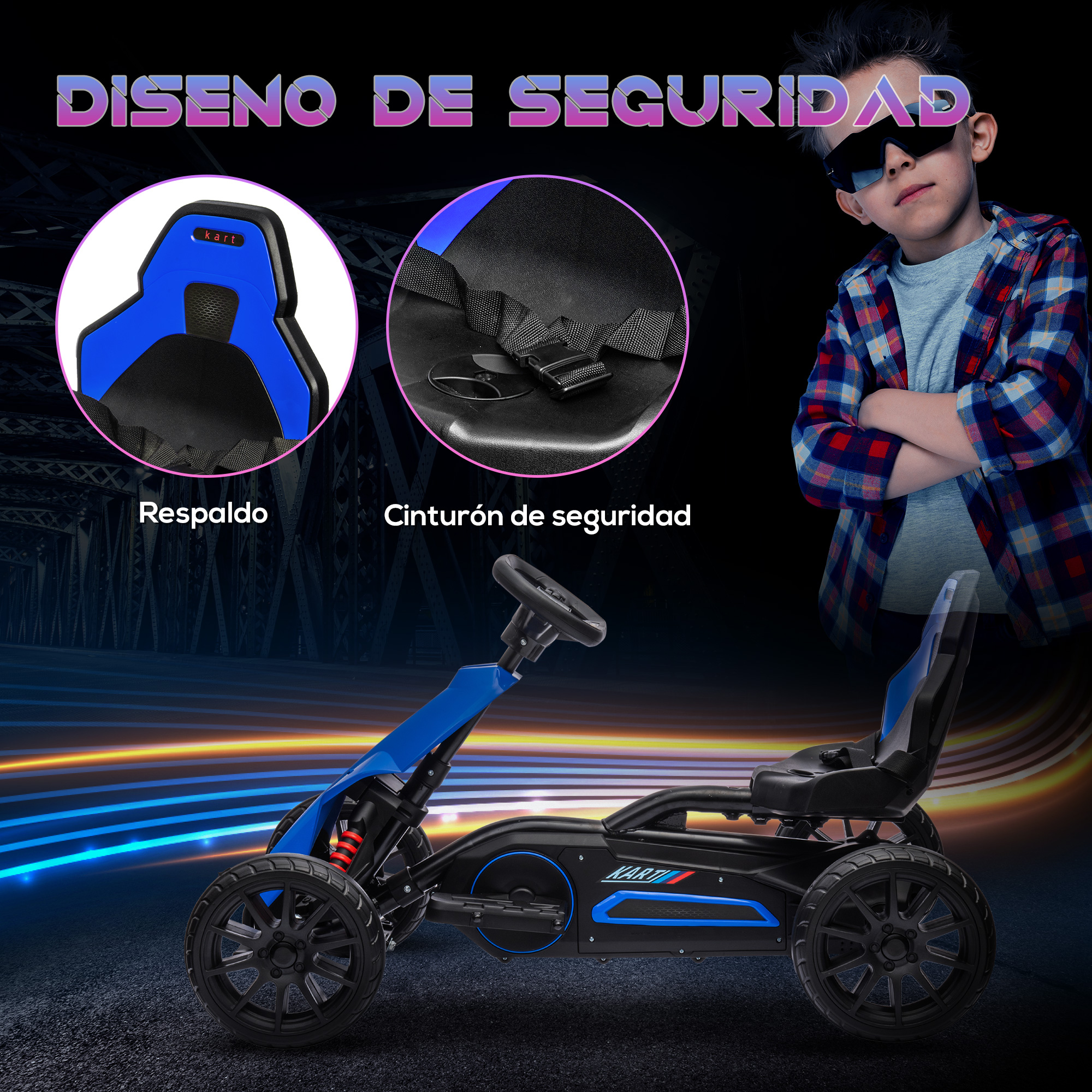Se muestra un kart negro y azul, con un niño con gafas de sol y características de seguridad resaltadas.