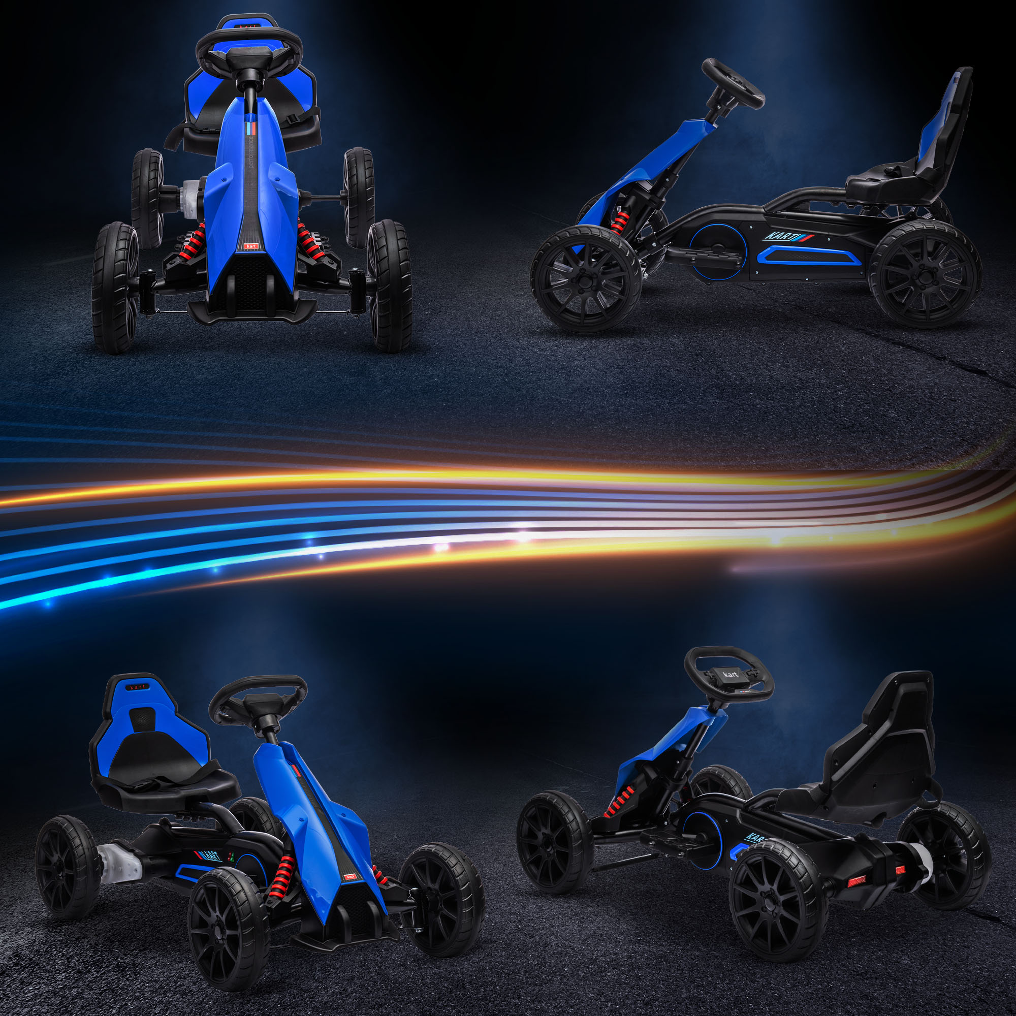 Imágenes de karts azules. Están sobre un fondo oscuro con rayas de luz.