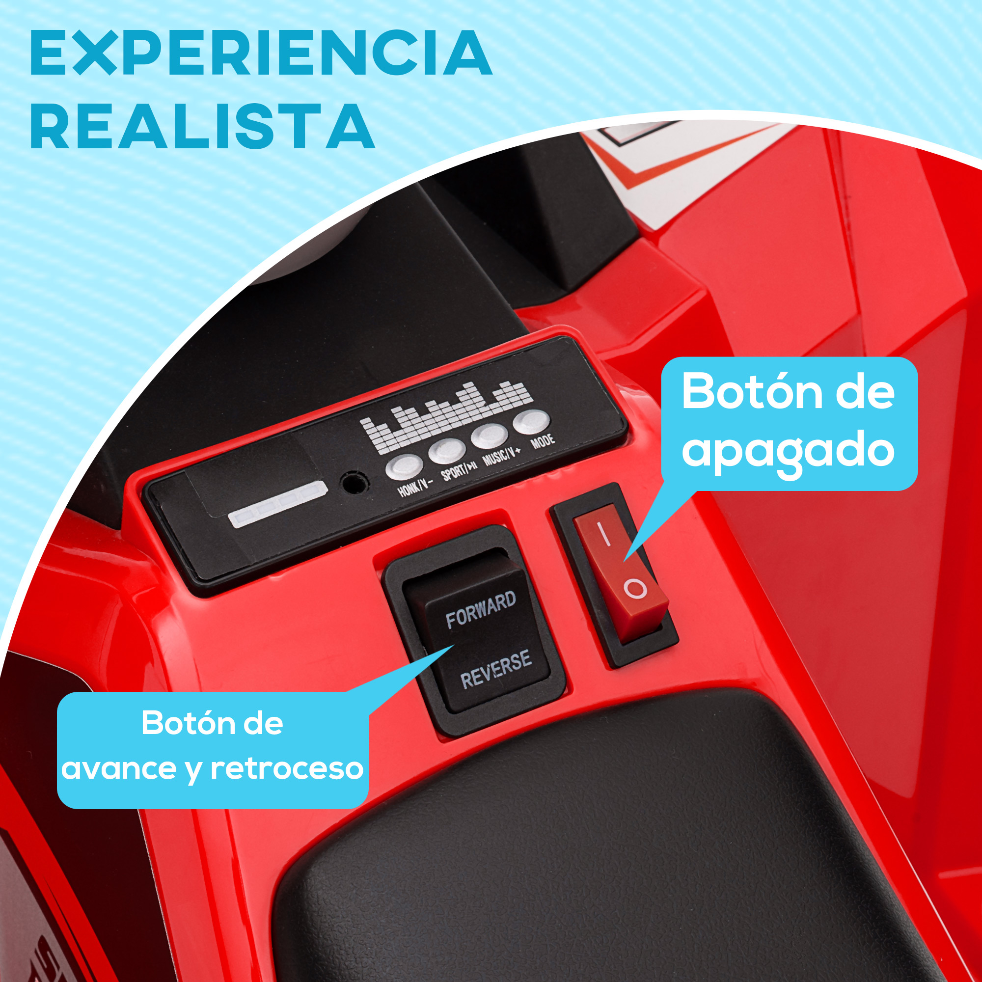 Primer plano del panel de control de un coche rojo. Muestra botones y etiquetas en español.