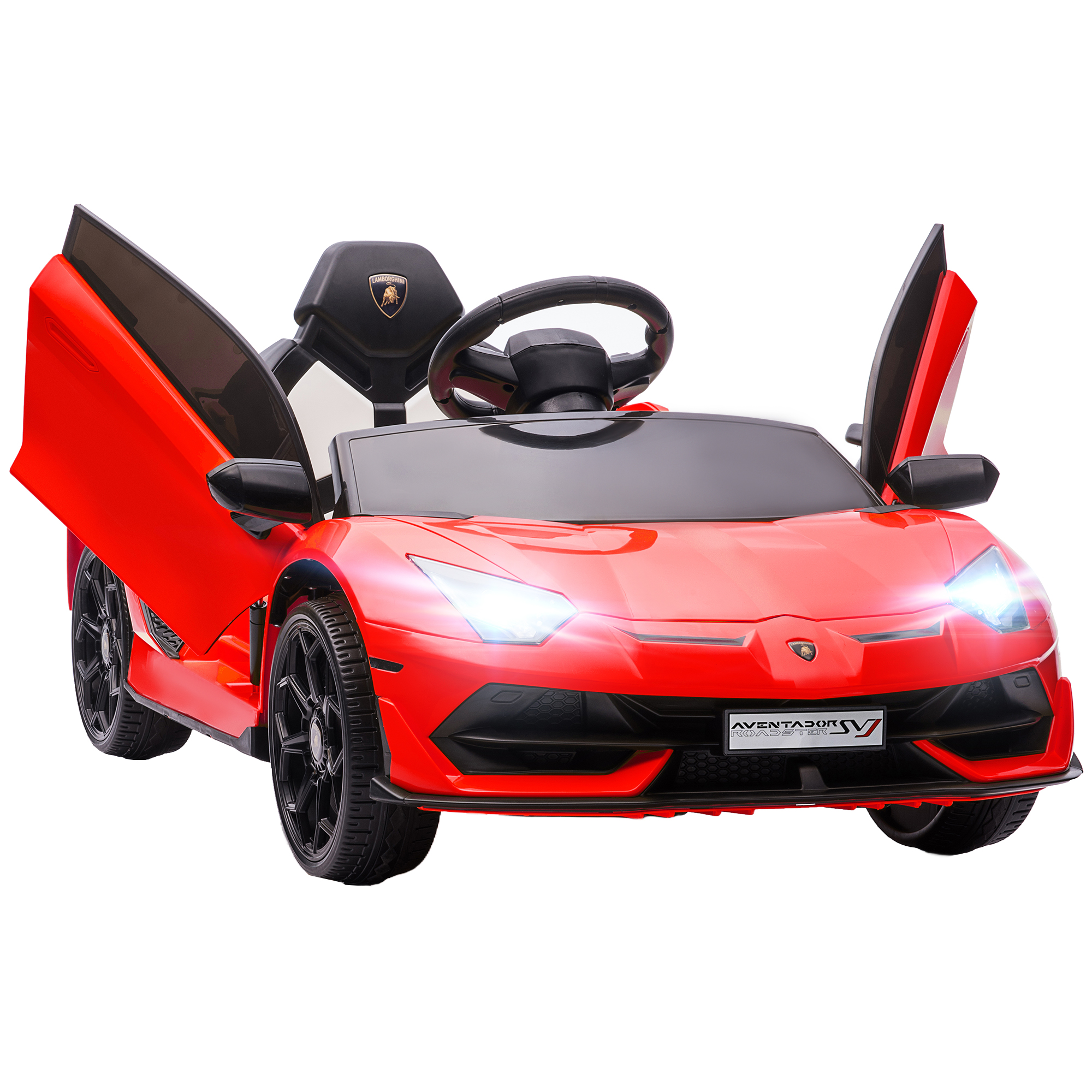 Lamborghini giocattolo rosso con porte aperte su sfondo bianco.
