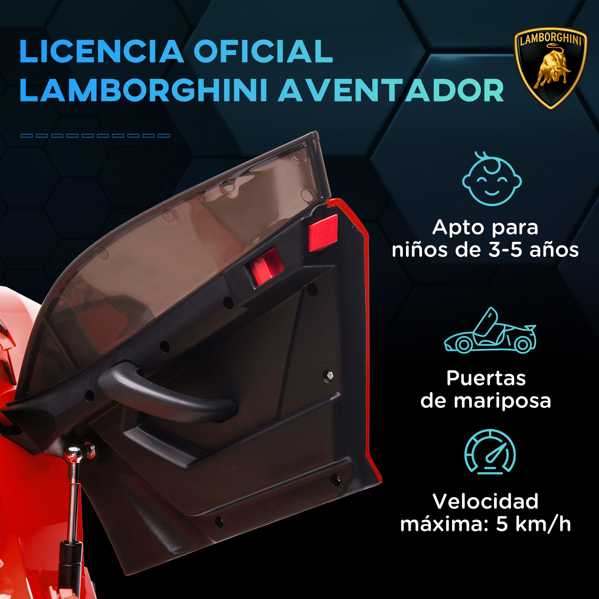 Primer plano de la puerta de un coche de juguete rojo con logo Lamborghini. Puertas de mariposa, 3-5 años.