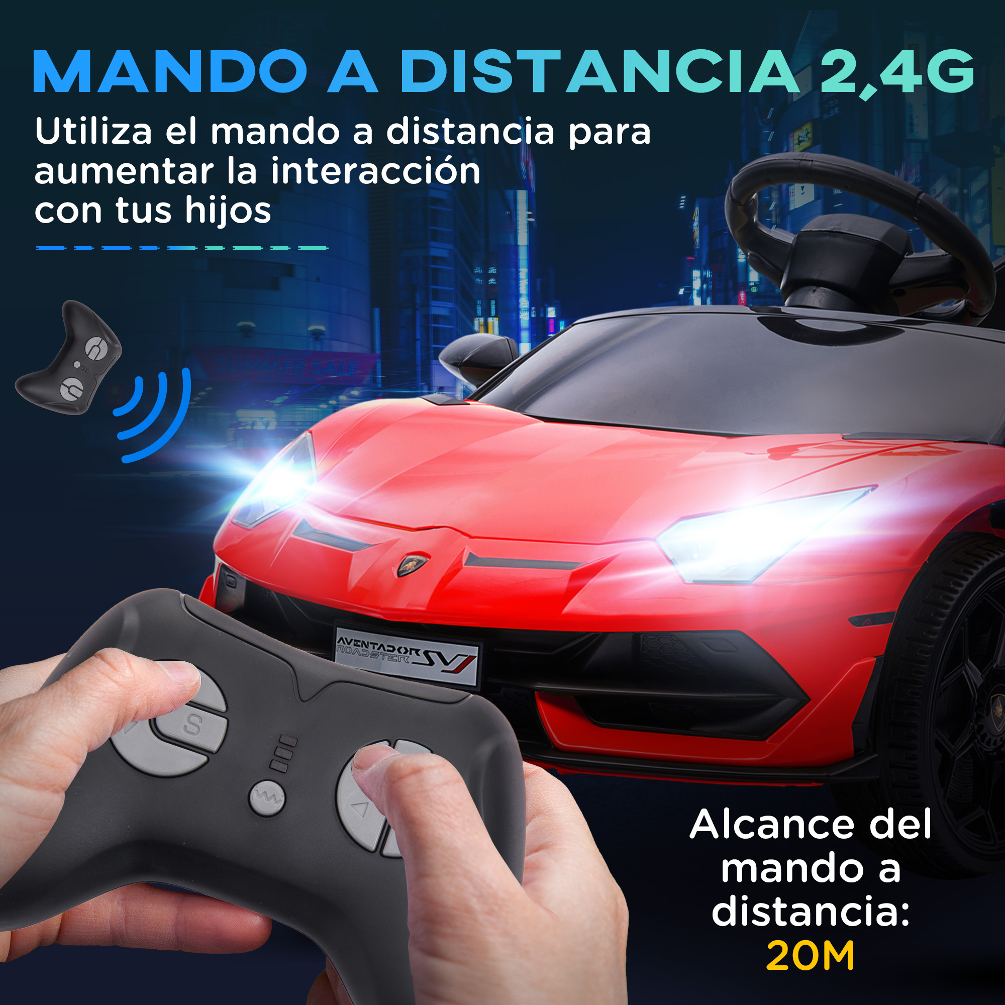 La mano de un niño sostiene un mando a distancia cerca de un coche de juguete rojo. Texto: 'Mando a distancia 2,4G'.