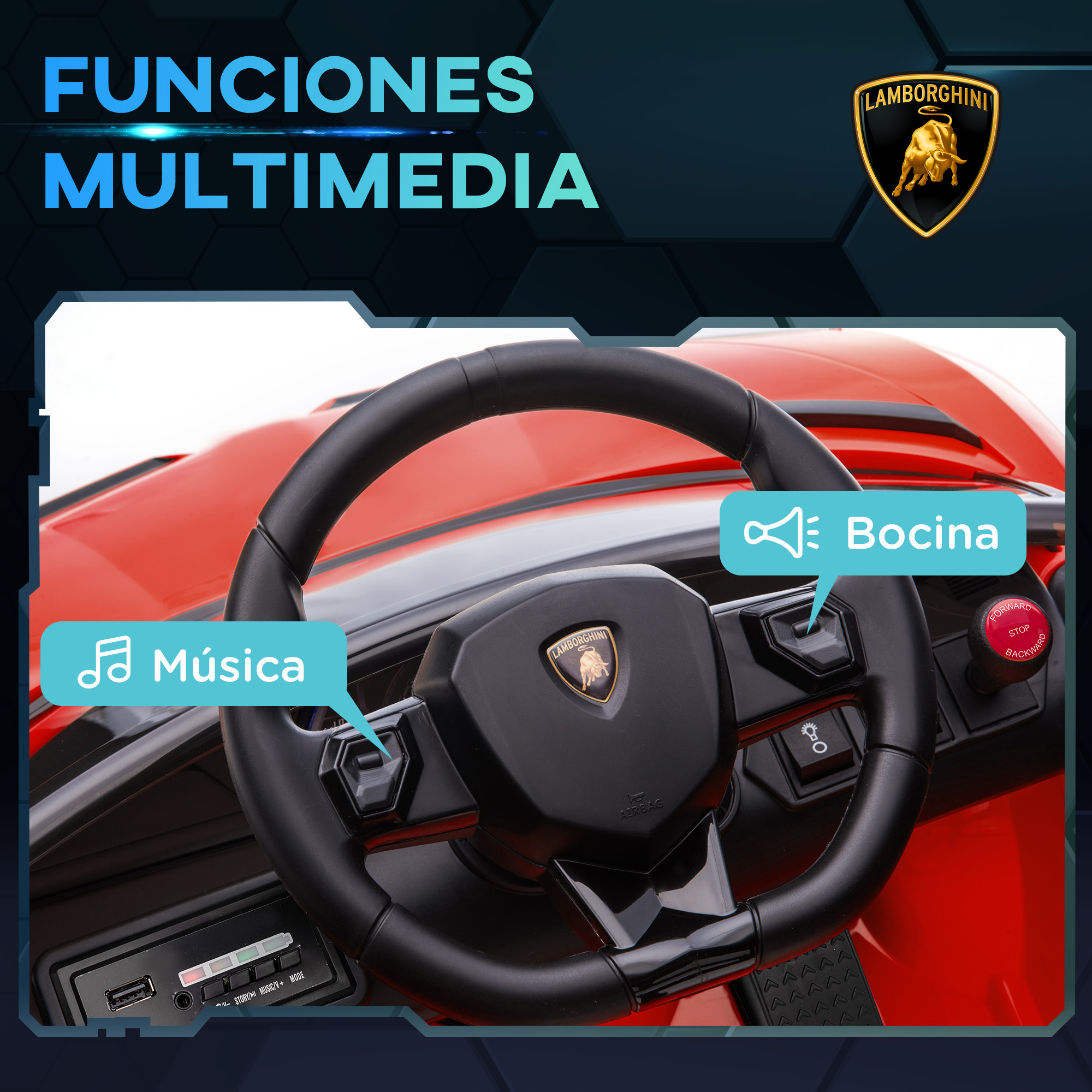 Panel de control de un coche de juguete rojo. Muestra iconos de música y bocina, y un logotipo de Lamborghini.