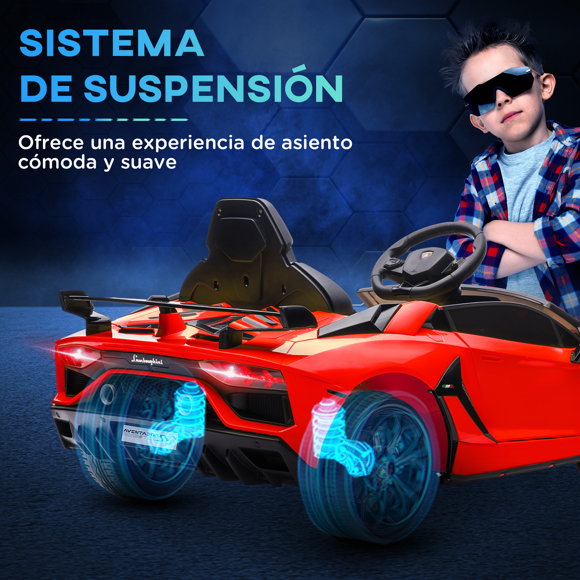 Coche de juguete Lamborghini rojo con ilustración de suspensión y un niño con gafas de sol.