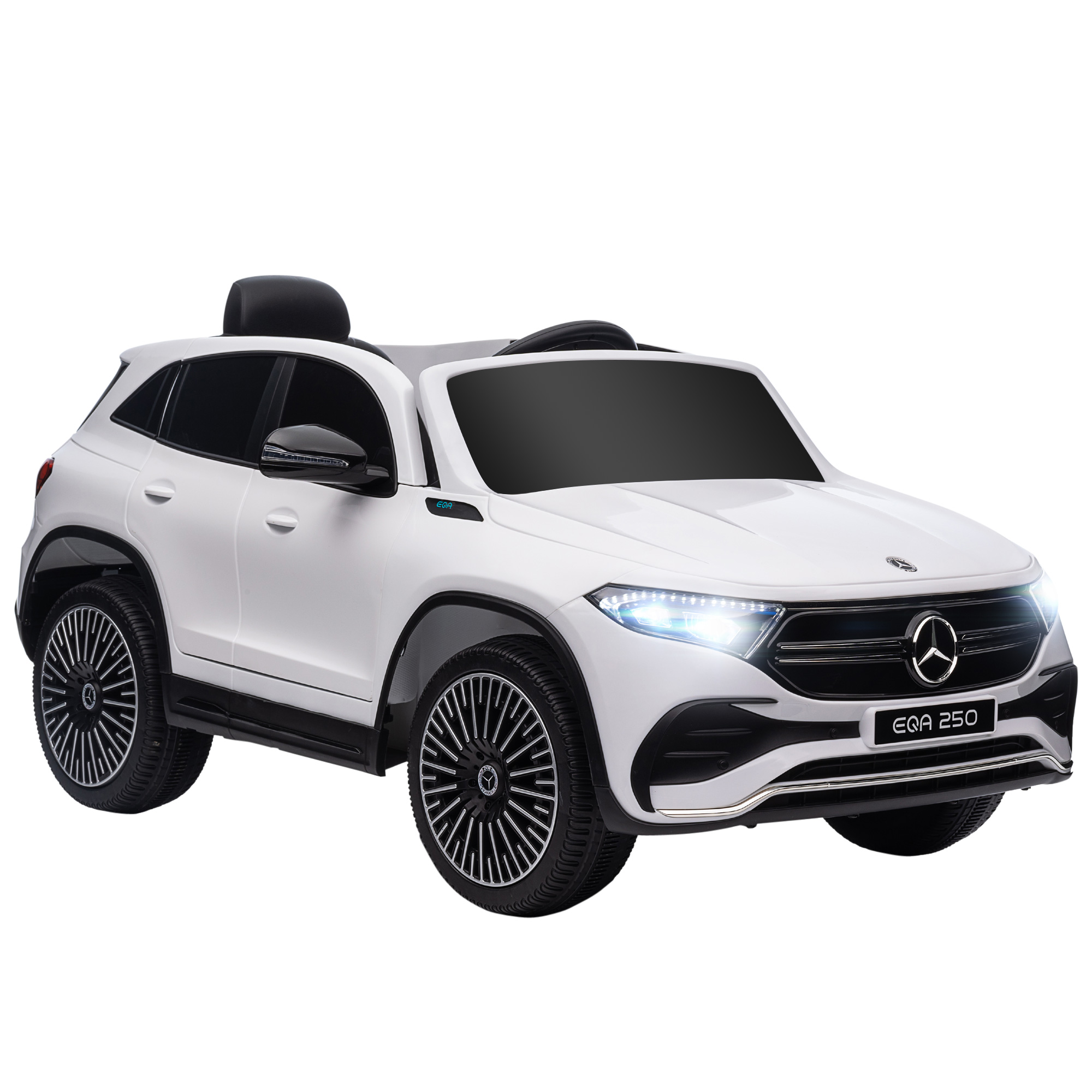 Mercedes EQA 250 giocattolo bianco, fari accesi, su sfondo bianco. Porte chiuse, ruote nere.