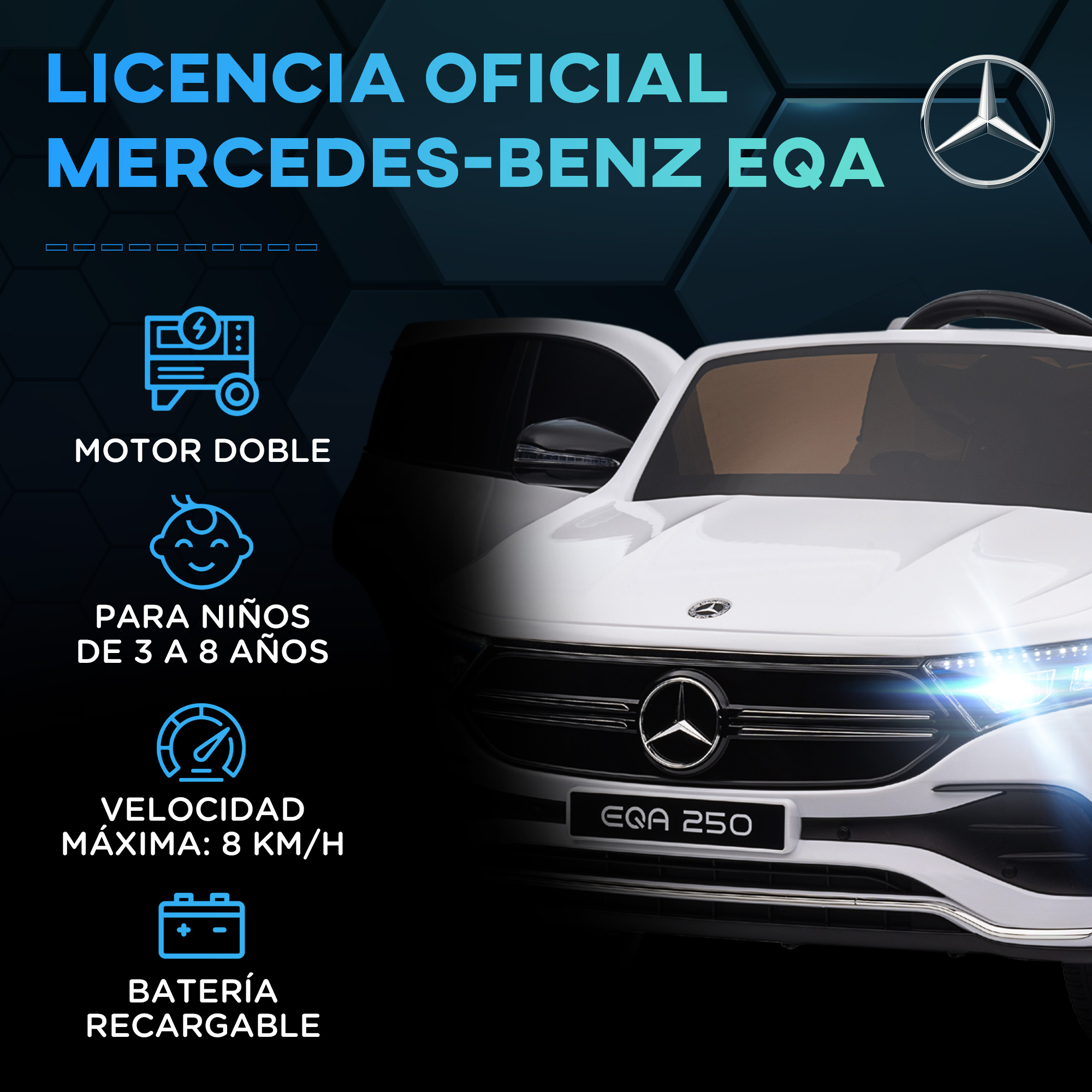 Coche de juguete Mercedes-Benz EQA blanco. Puerta abierta muestra interior, texto, logo e iconos.