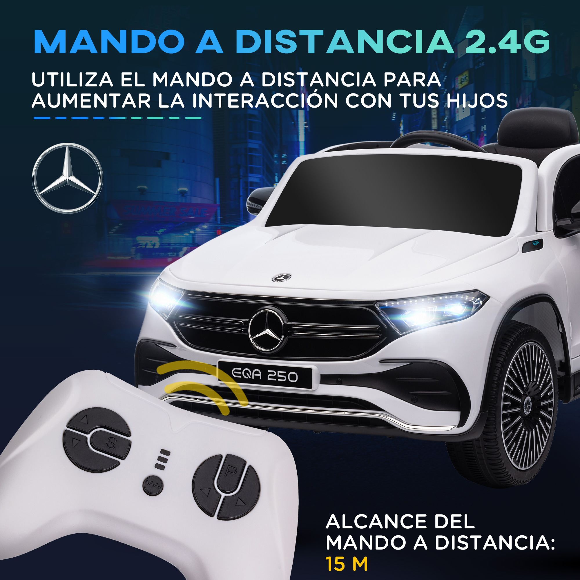 Un coche de juguete blanco con un mando a distancia. El coche está delante de una escena urbana borrosa.