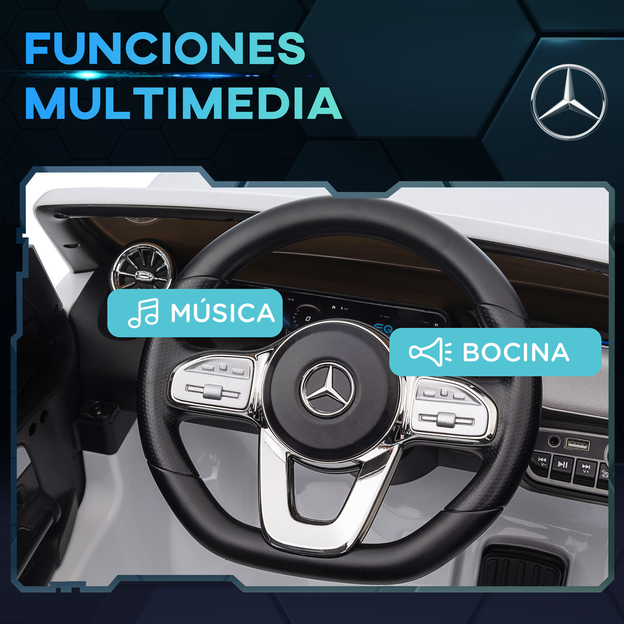 Volante de un coche de juguete. El volante es negro y plateado, con iconos de funciones multimedia.