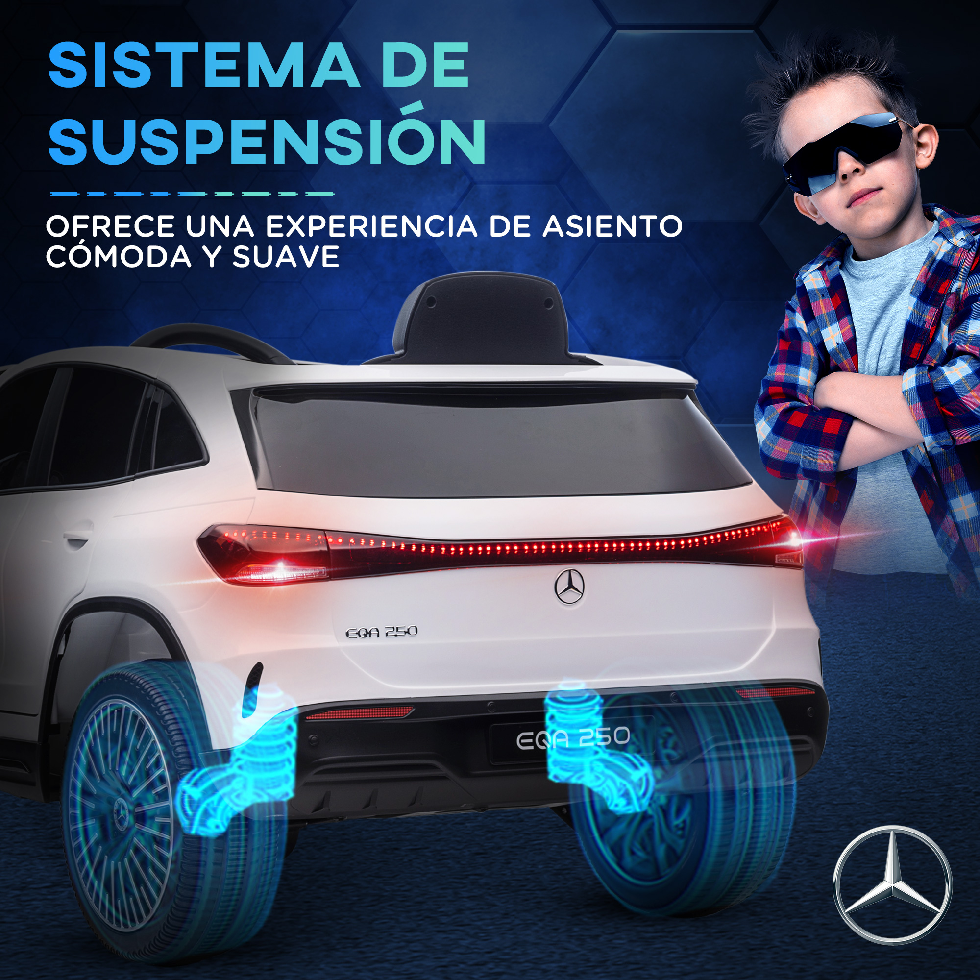 Un coche de juguete blanco con un niño con gafas de sol en el fondo.