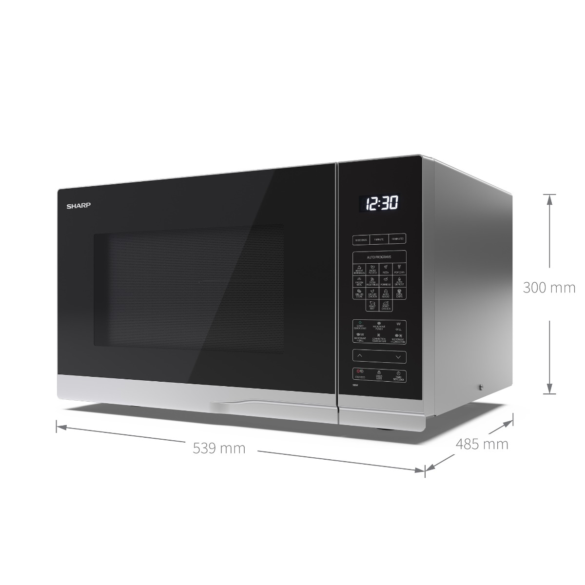 Un forno a microonde argentato con porta e pannello di controllo neri. Le dimensioni sono indicate.